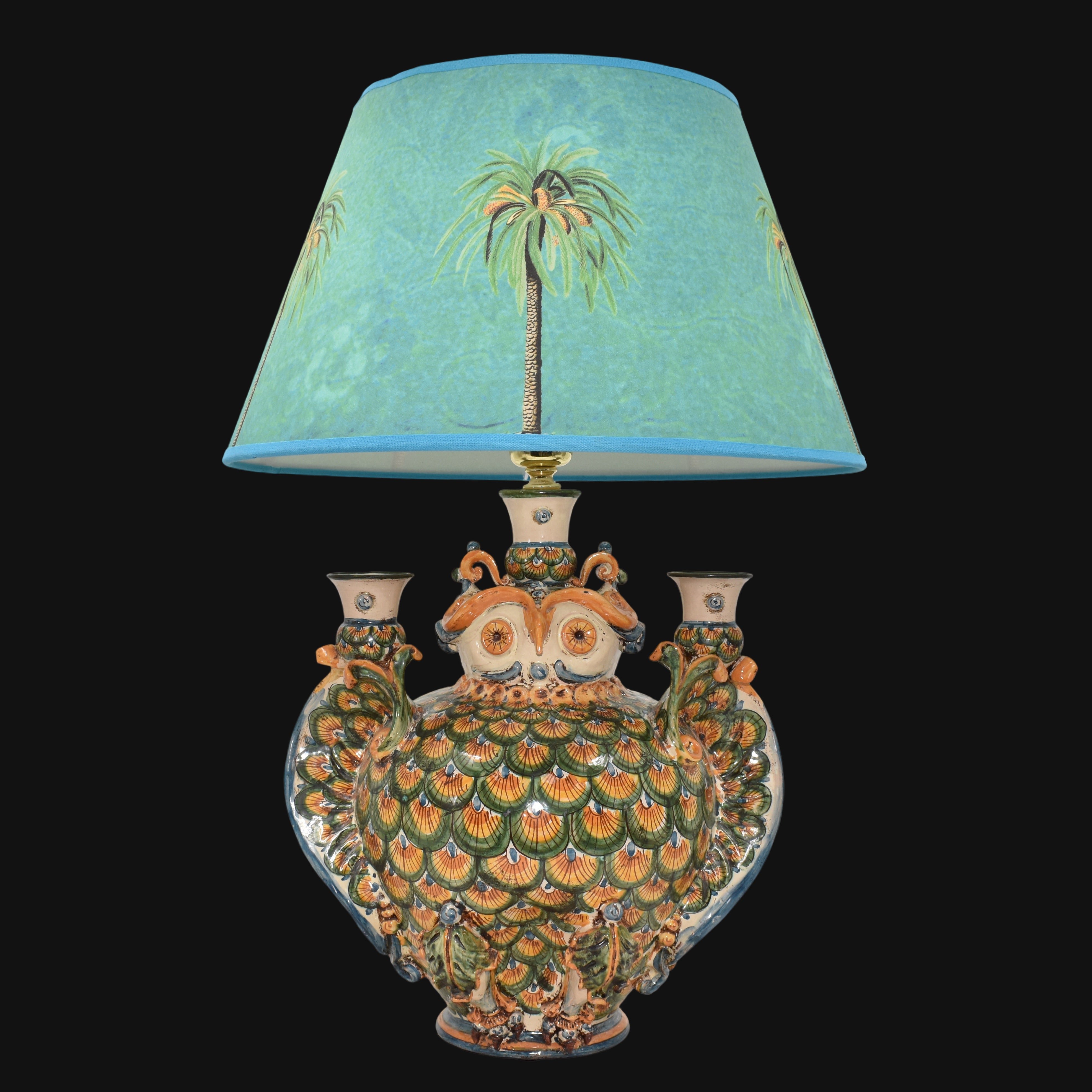 Lume a gufo c/portacandele h 35 coda pavone verde/arancio (h60 c/paralume Ø40) - Ceramiche di Caltagirone Sofia