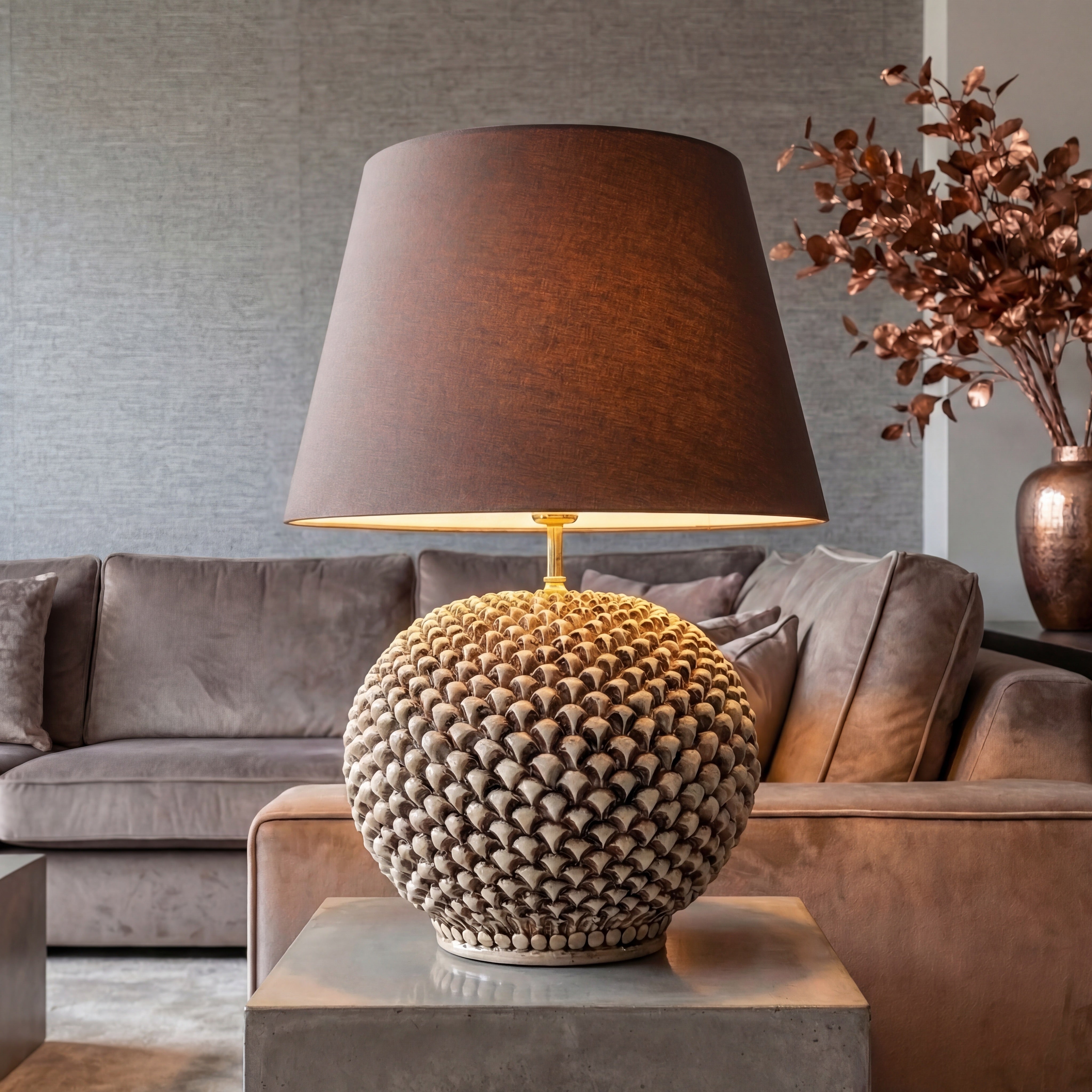 Lume palla a pigna in ceramica diverse misure, Decoro in Madreperla Antichizzato