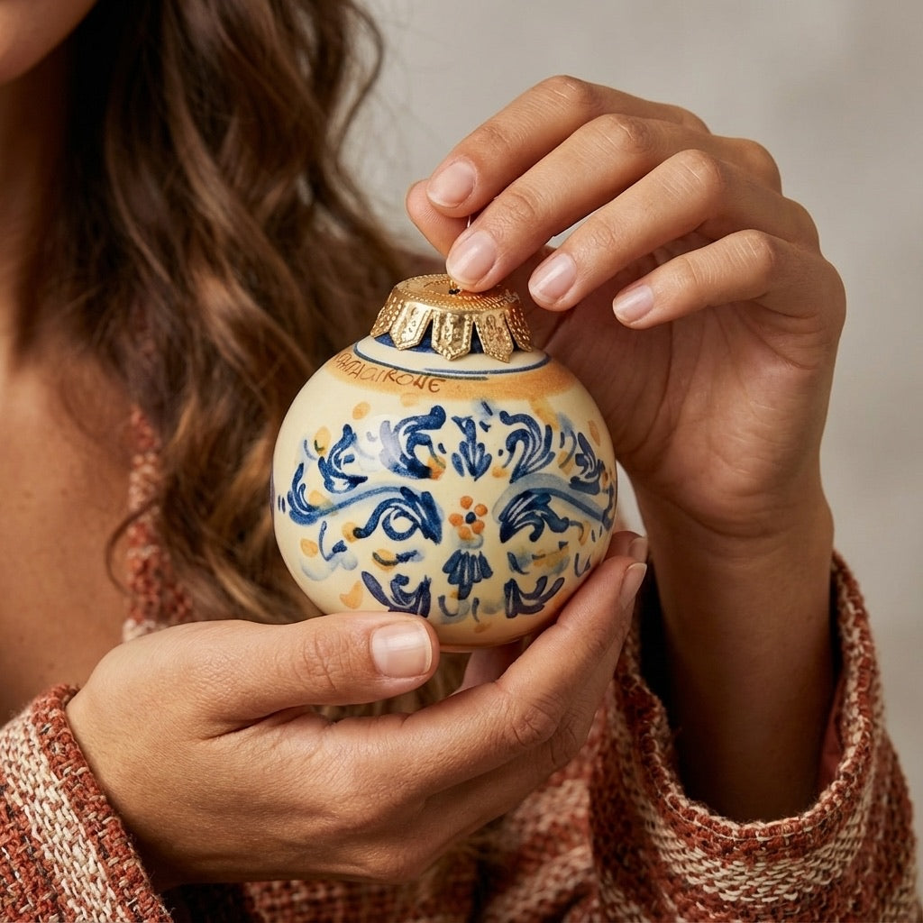 Pallina di Natale in ceramica di Caltagirone fatti a mano decorata blu e oro, tenuta in mano.