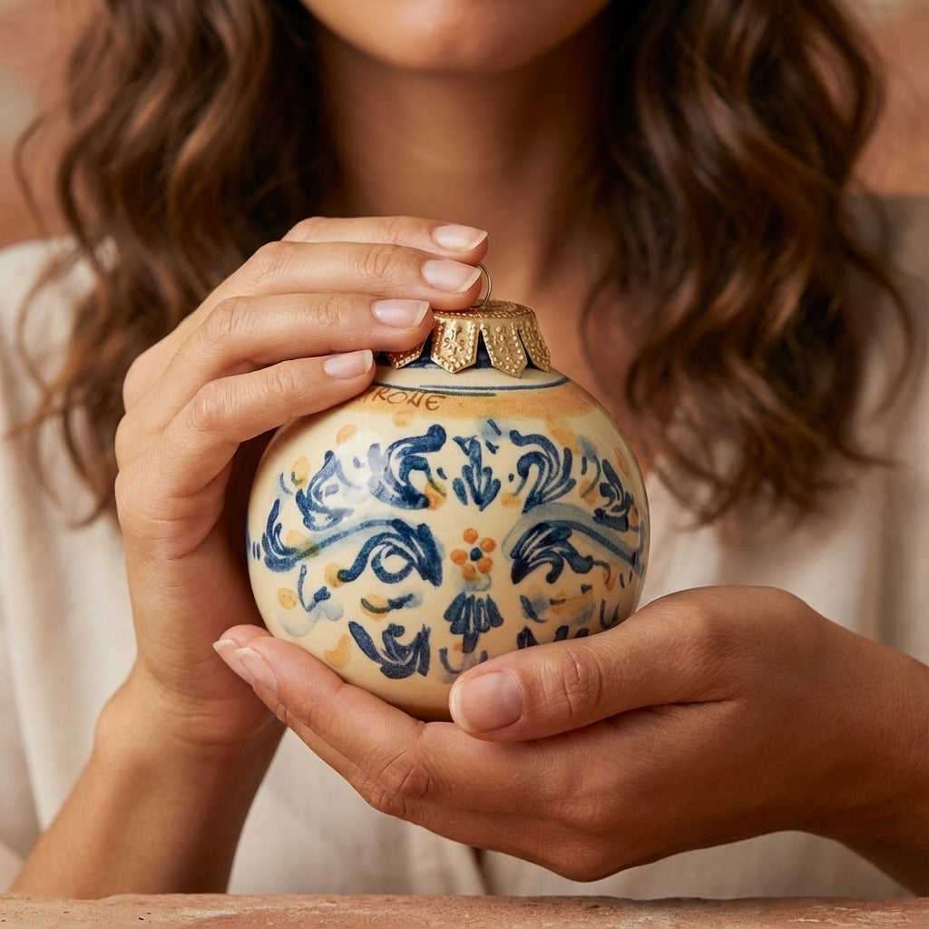 Pallina di Natale in ceramica Caltagirone fatti a mano, decorata blu e oro, donna la tiene in mano