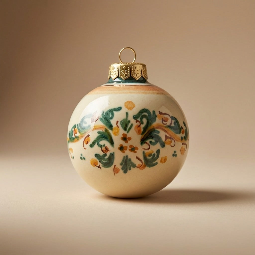 Pallina natalizia in ceramica di Caltagirone, decorata a mano verde e arancio, fatti a mano