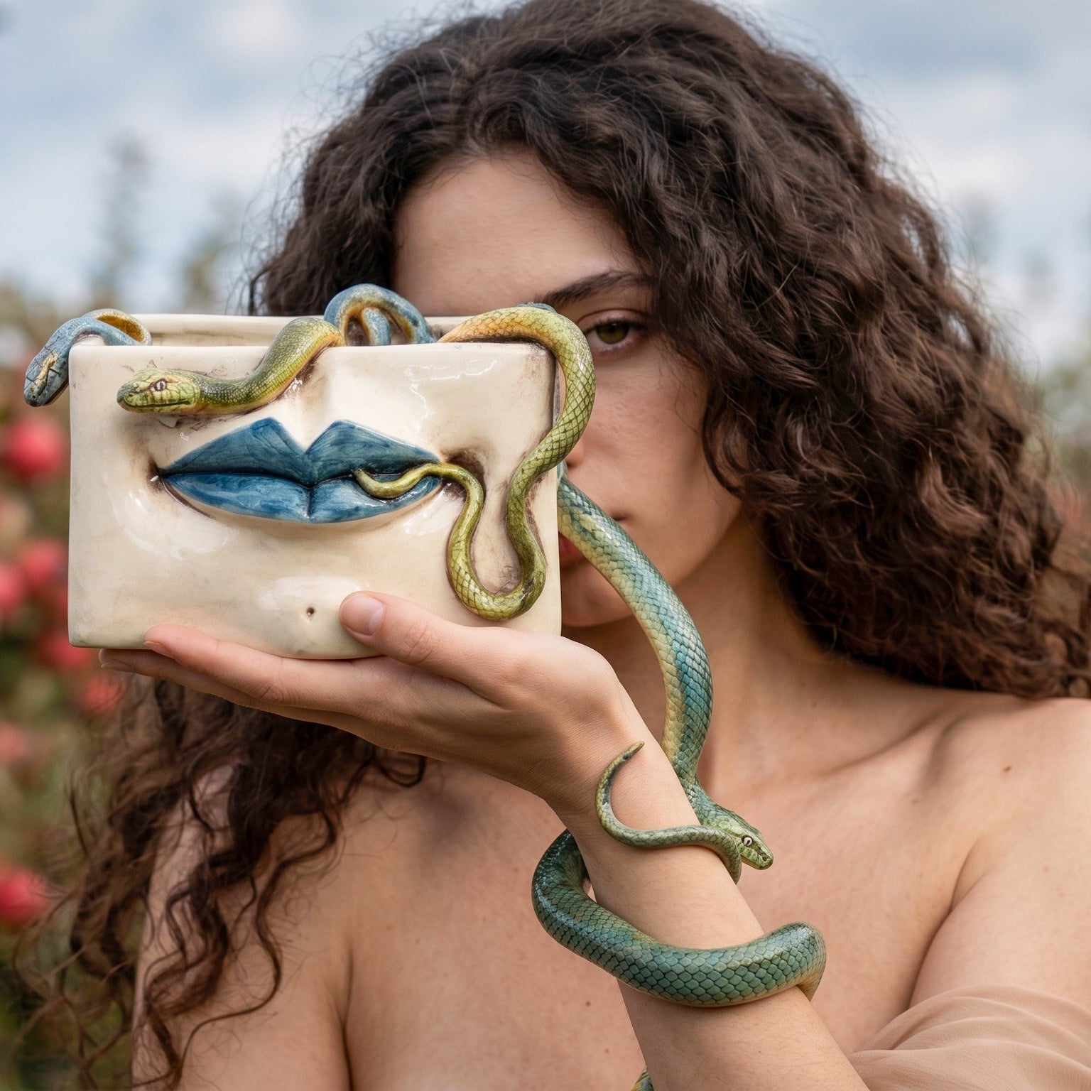 Scatola Medusa in Ceramica - Labbra Blu e Serpenti Applicati, Madreperla Antichizzato