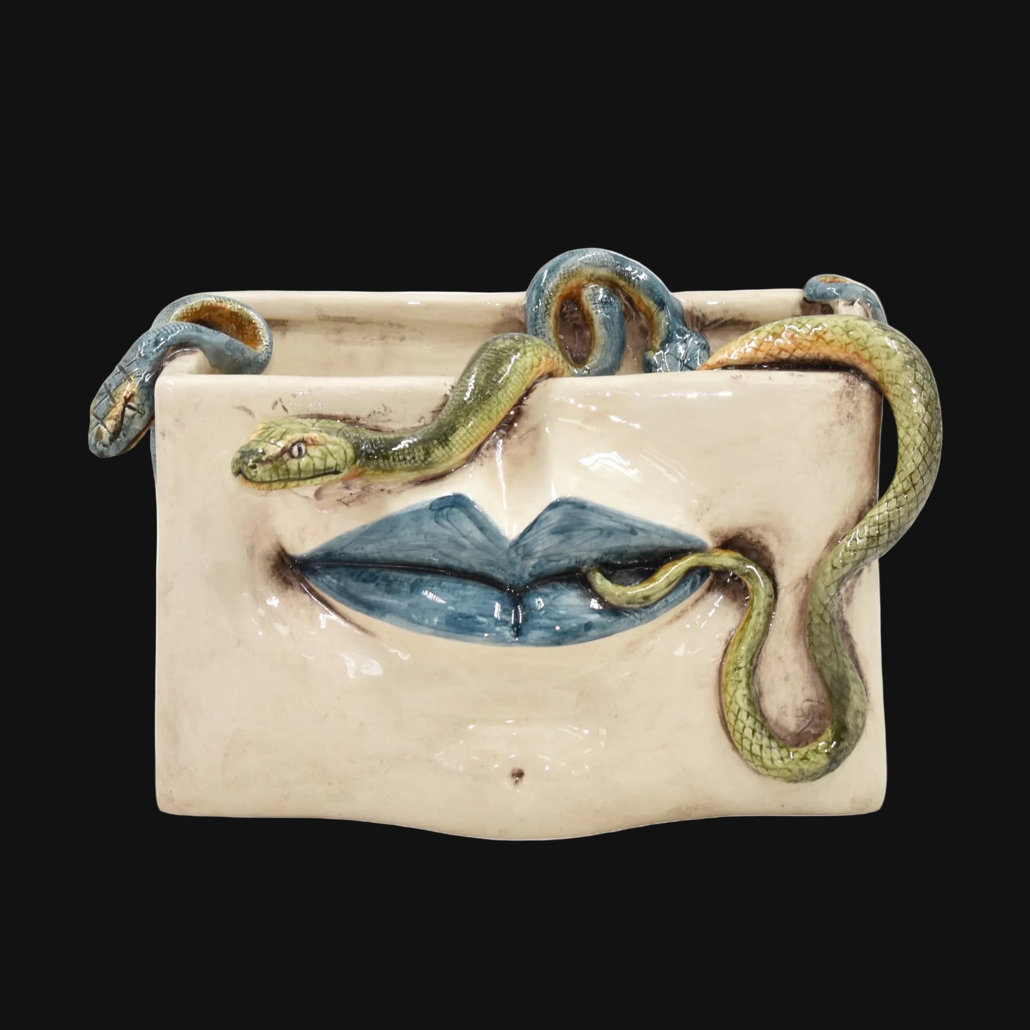 Scatola Medusa in Ceramica - Labbra Blu e Serpenti Applicati, Madreperla Antichizzato
