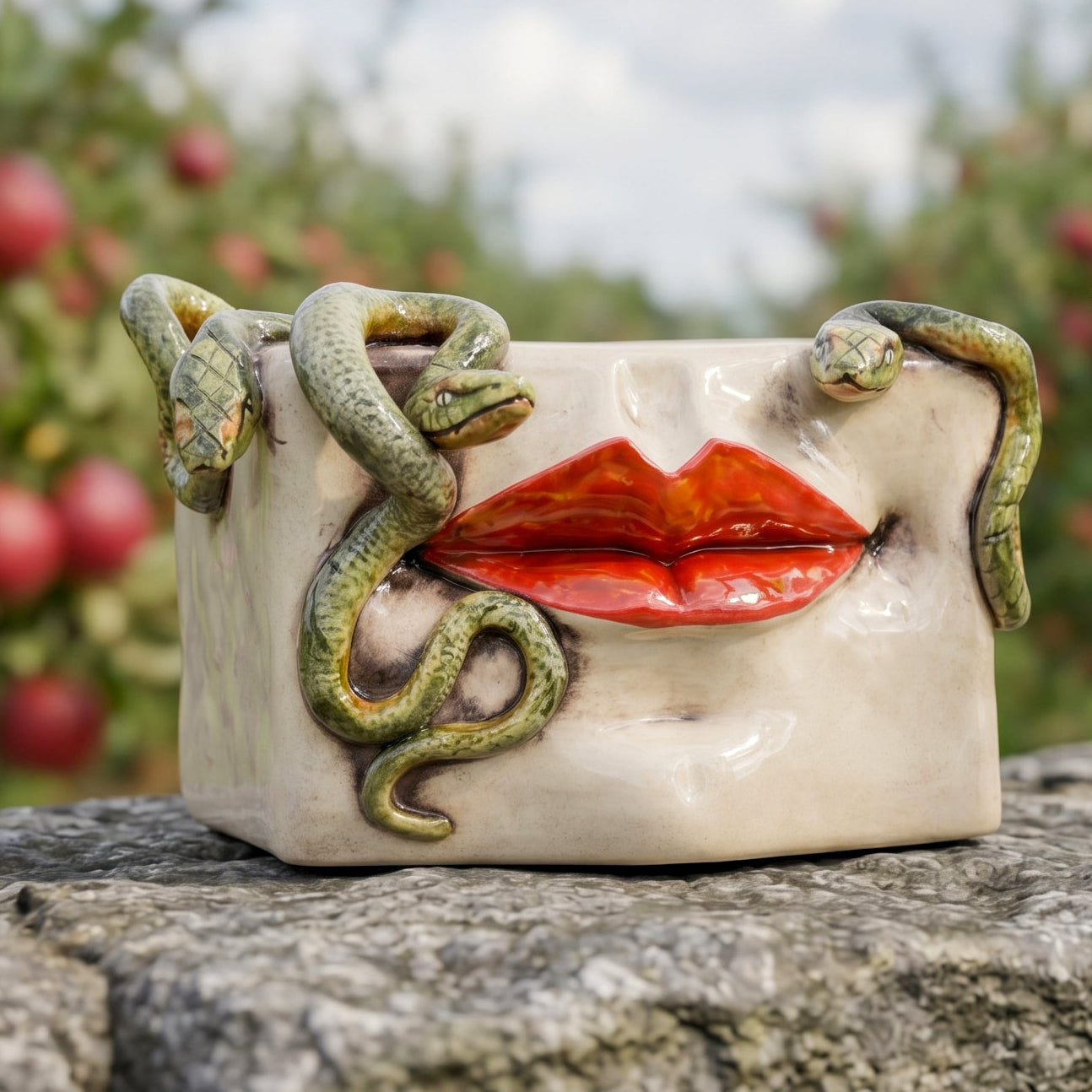 Scatola Medusa in Ceramica - Labbra Oro e Lustri, Serpenti Applicati, Madreperla Antichizzato