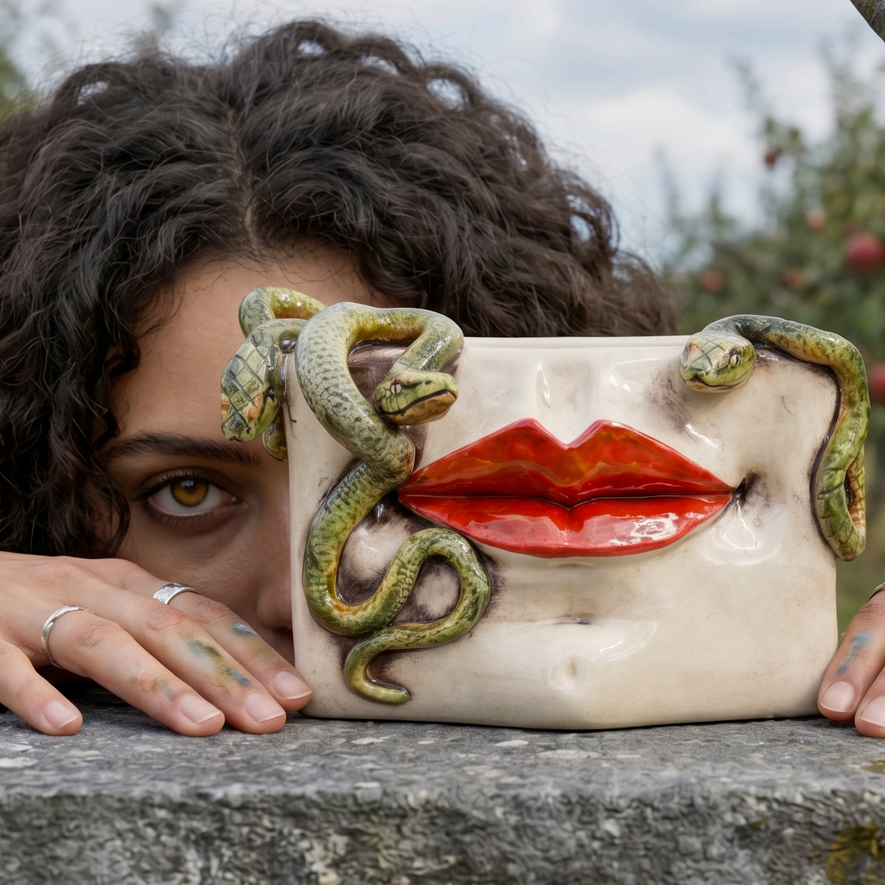 Scatola Medusa in Ceramica - Labbra Oro e Lustri, Serpenti Applicati, Madreperla Antichizzato