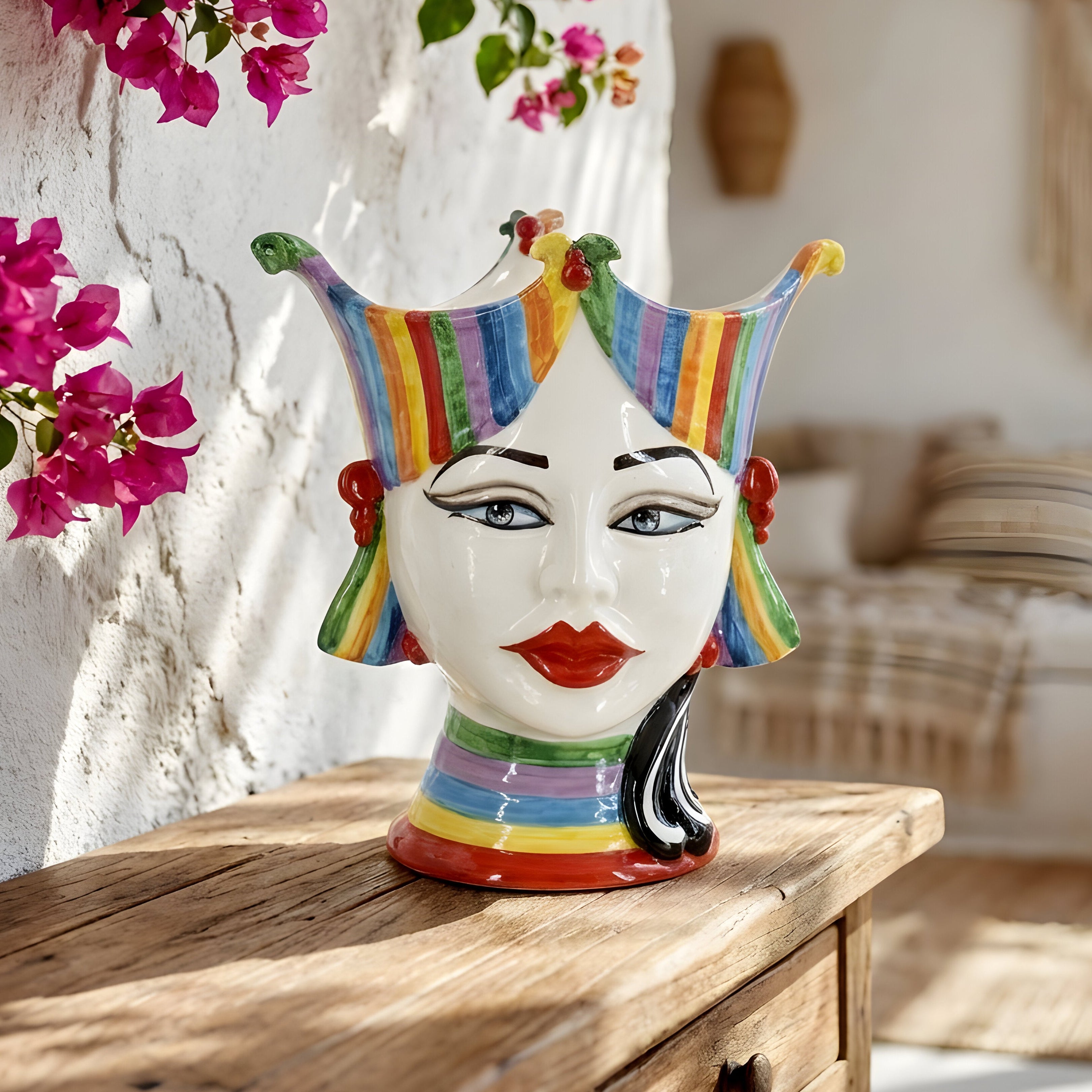 Testa di Moro "Aisha" 25 cm White and Color - Viso di Donna in Ceramica Siciliana - Ceramiche di Caltagirone Sofia