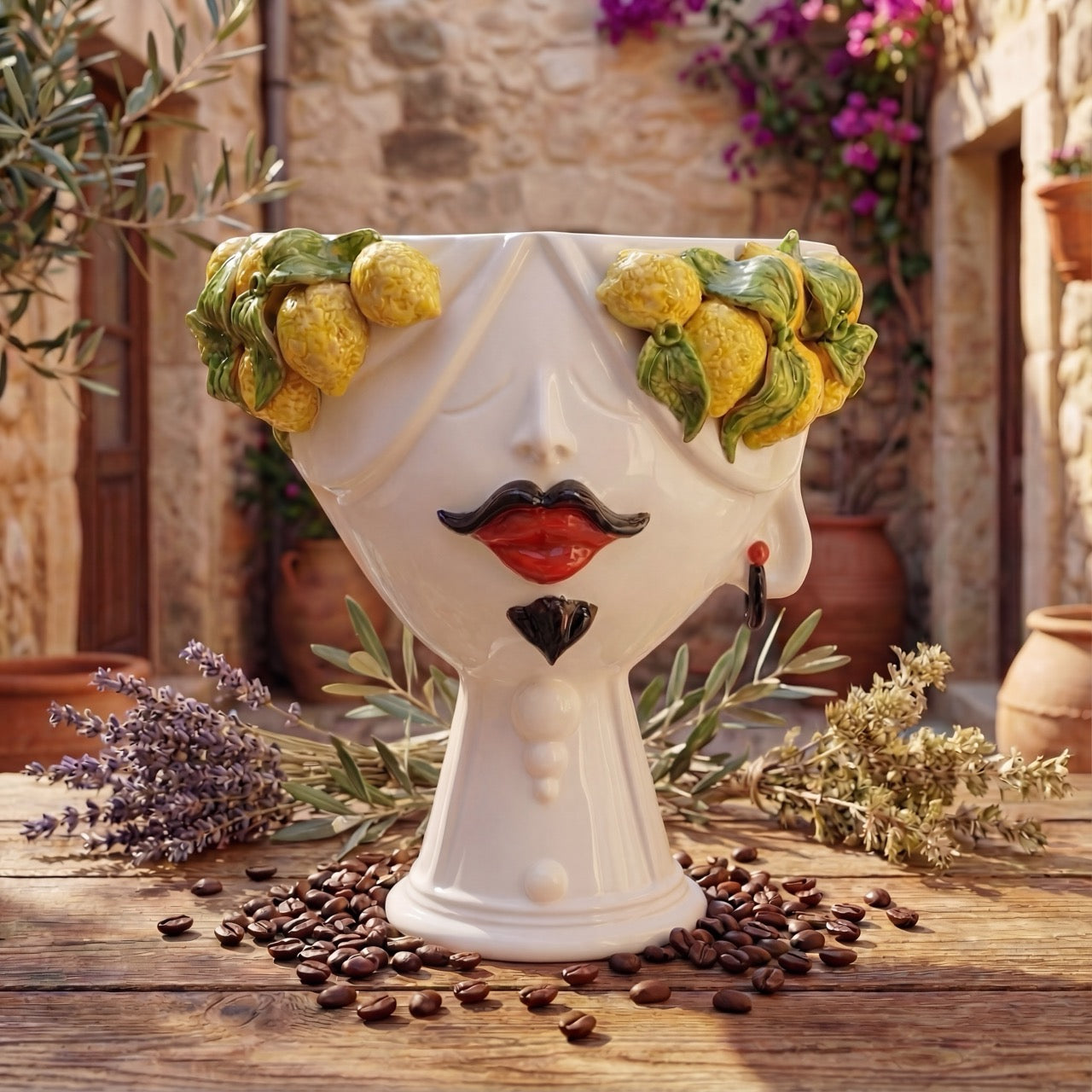 Testa di Moro con limoni "Zahira" uomo | White and Lemon 30 cm - Ceramiche di Caltagirone Sofia