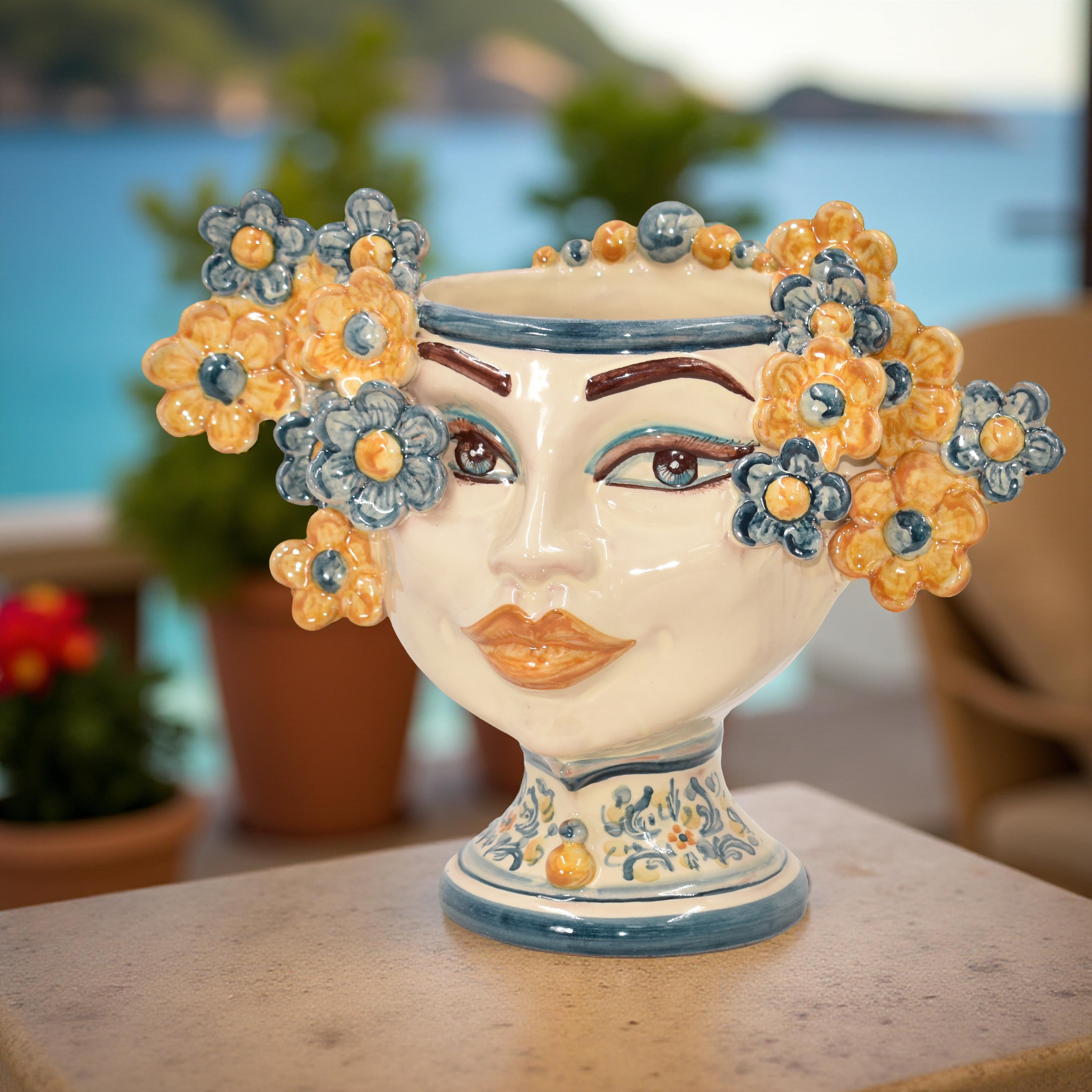 Testa di moro h 20 cm Linea Fiori decoro blu e arancio - Ceramiche di Caltagirone Sofia