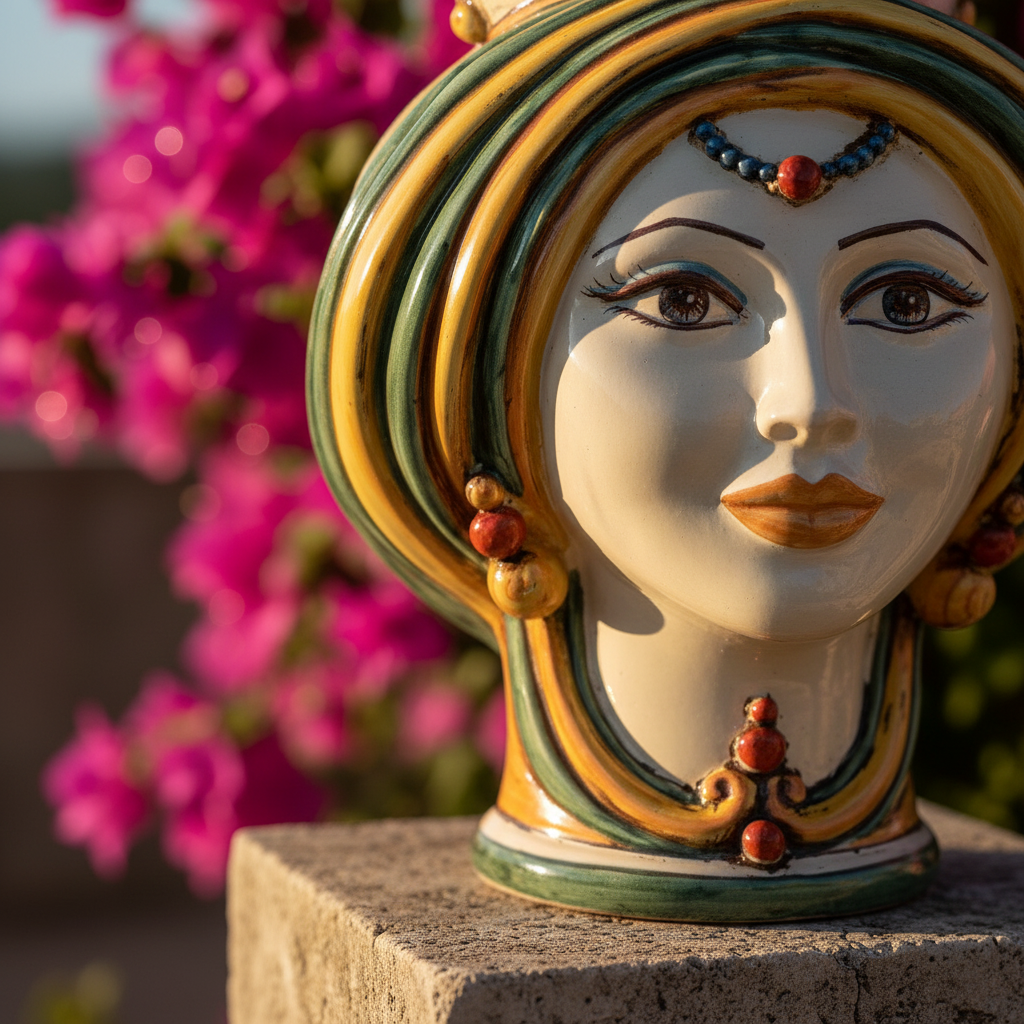 Testa di moro h 30 in verde e arancio donna in Ceramica di Caltagirone