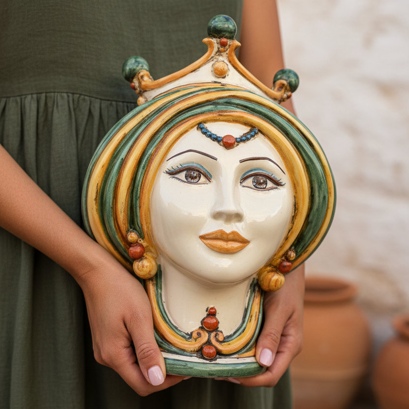 Testa di moro h 30 in verde e arancio donna in Ceramica di Caltagirone