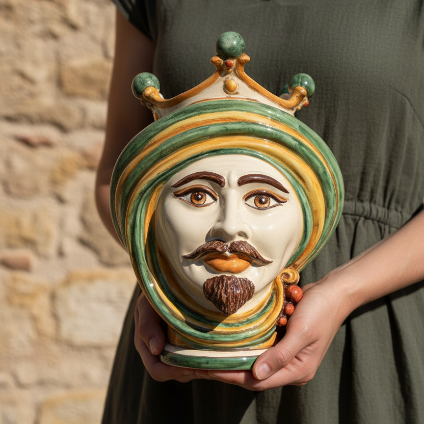 Testa di Moro h 30 in verde e arancio maschio bianco in Ceramica di Caltagirone