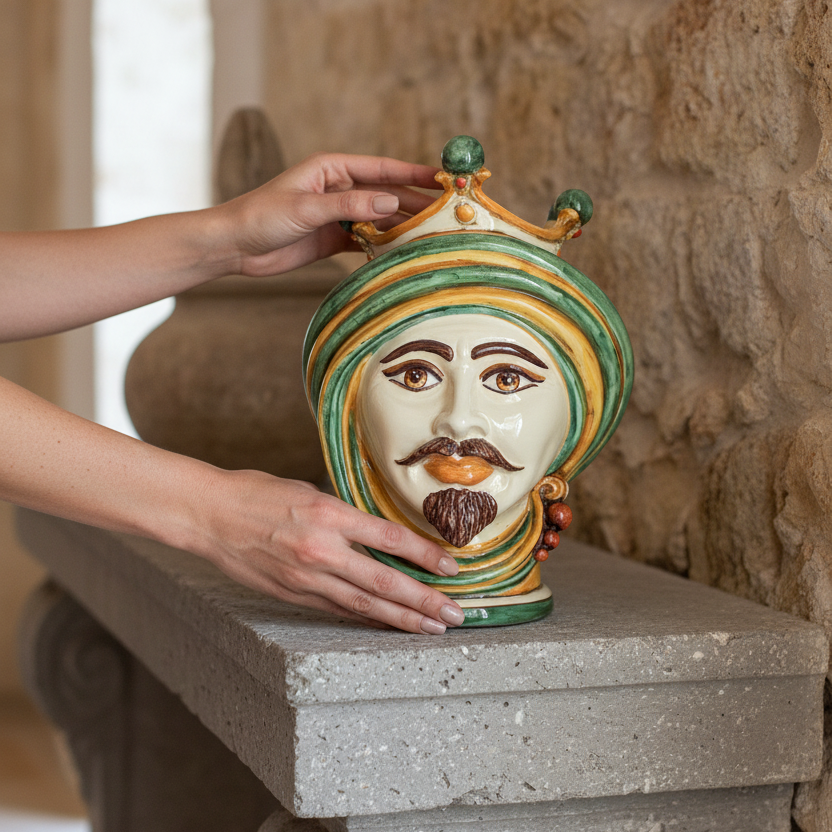 Testa di Moro h 30 in verde e arancio maschio bianco in Ceramica di Caltagirone