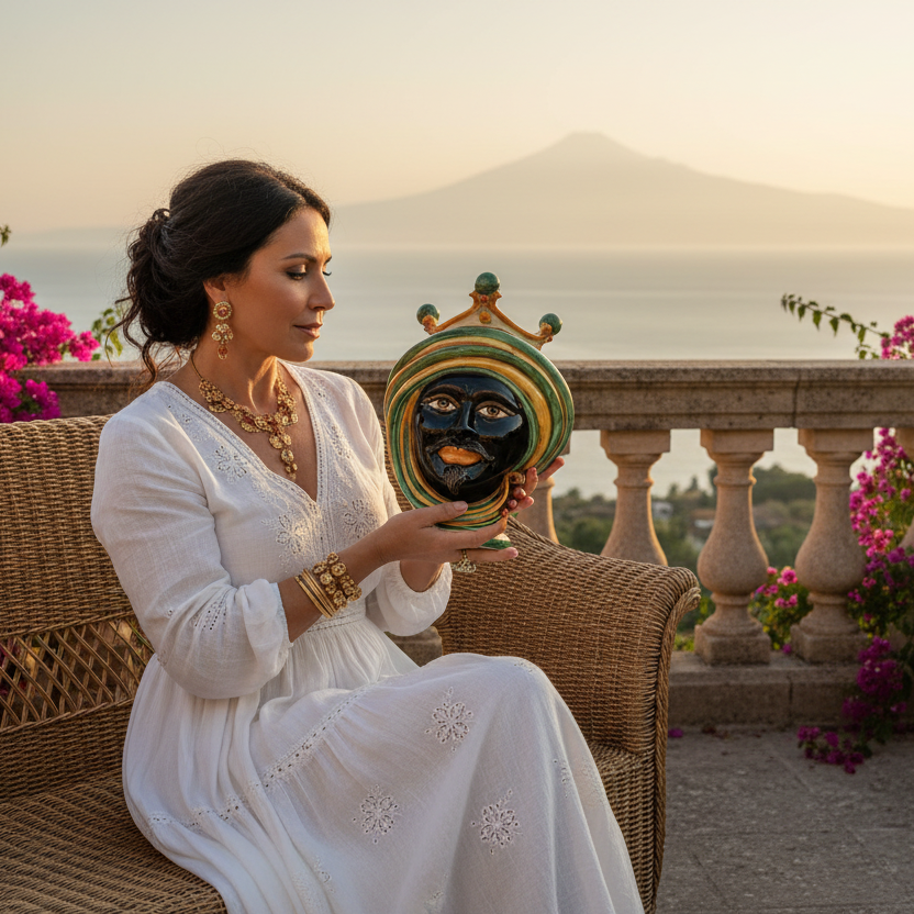 Testa di Moro h 30 in verde e arancio maschio moro in Ceramica di Caltagirone