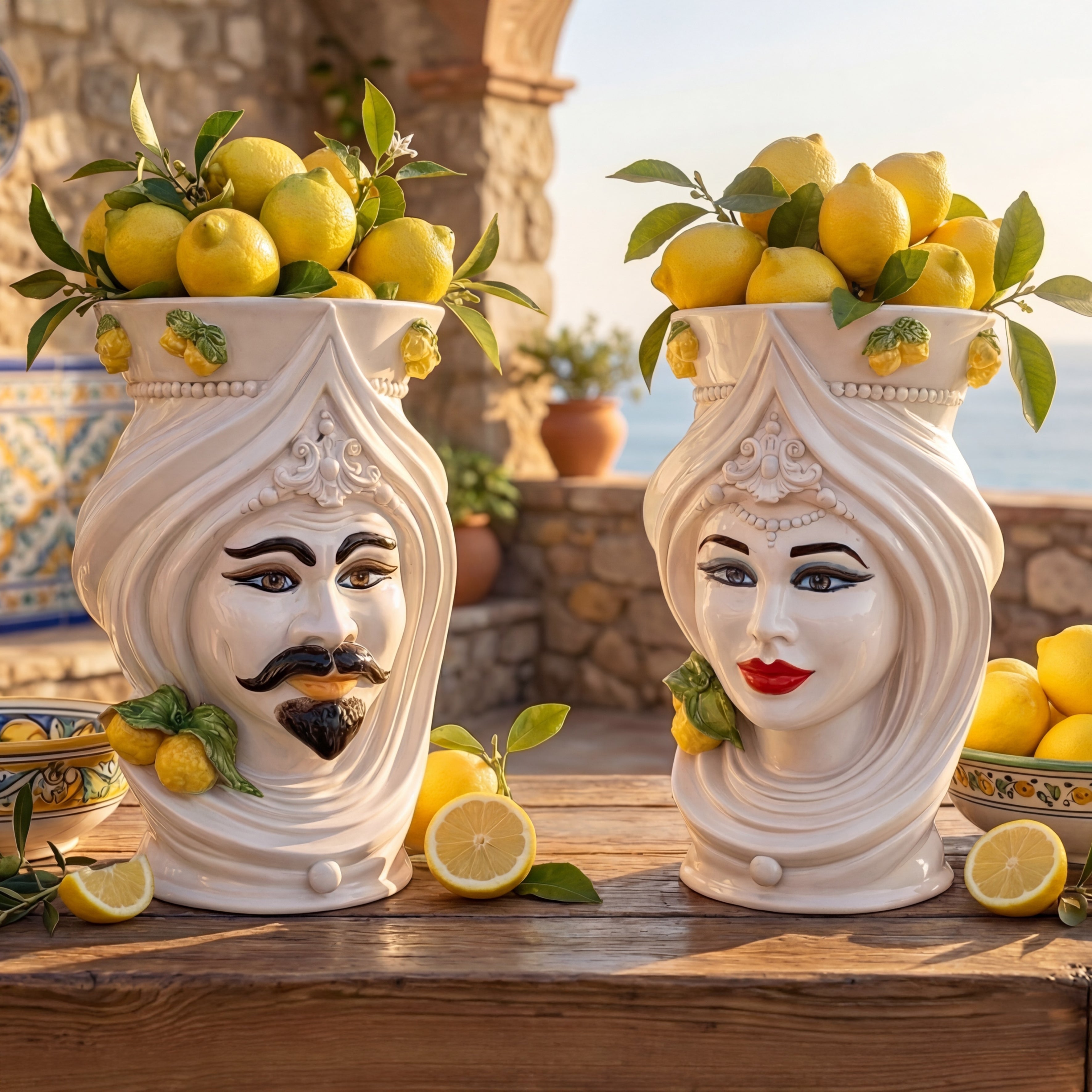 Testa di moro h 45 turbante White and Lemon maschio - Ceramiche di Caltagirone Sofia