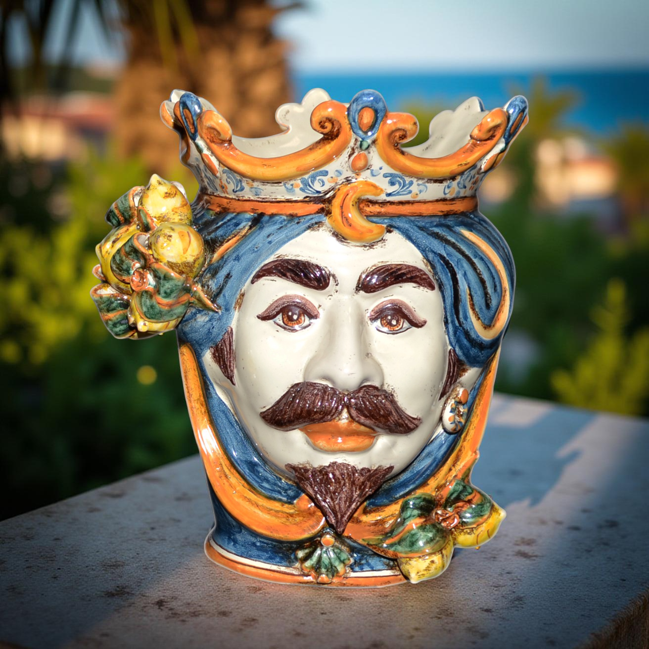 Testa h 25 cm limoni blu e arancio maschio bianco - Ceramiche di Caltagirone Sofia