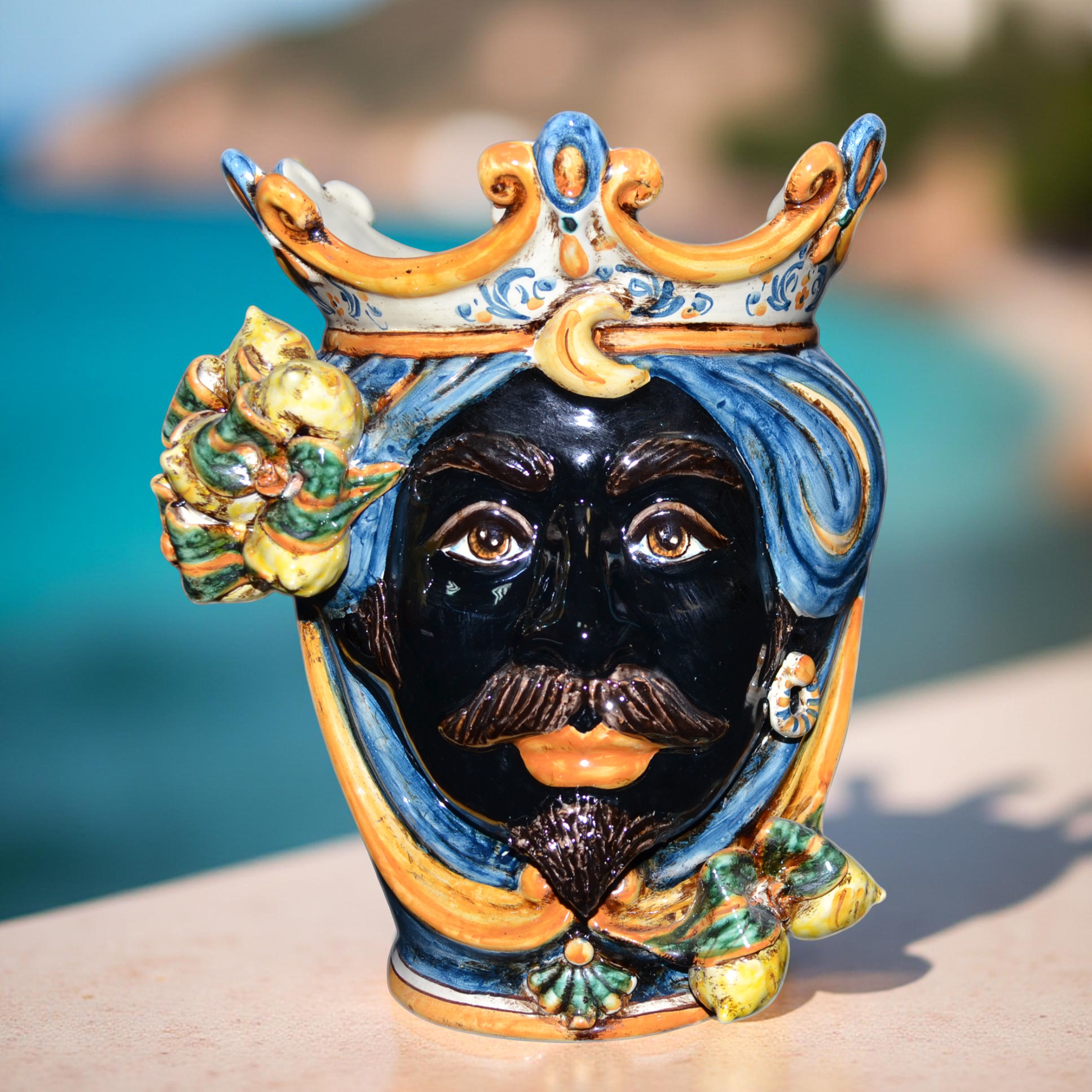 Testa h 25 cm limoni blu e arancio maschio moro - Ceramiche di Caltagirone Sofia
