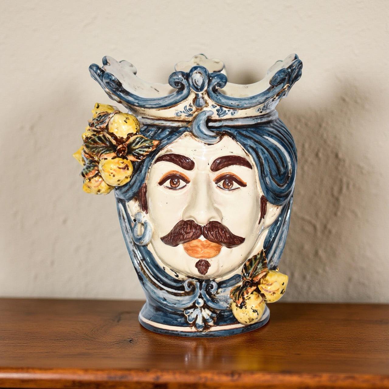 Testa h 25 con limoni mono blu maschio bianco - Ceramiche di Caltagirone Sofia