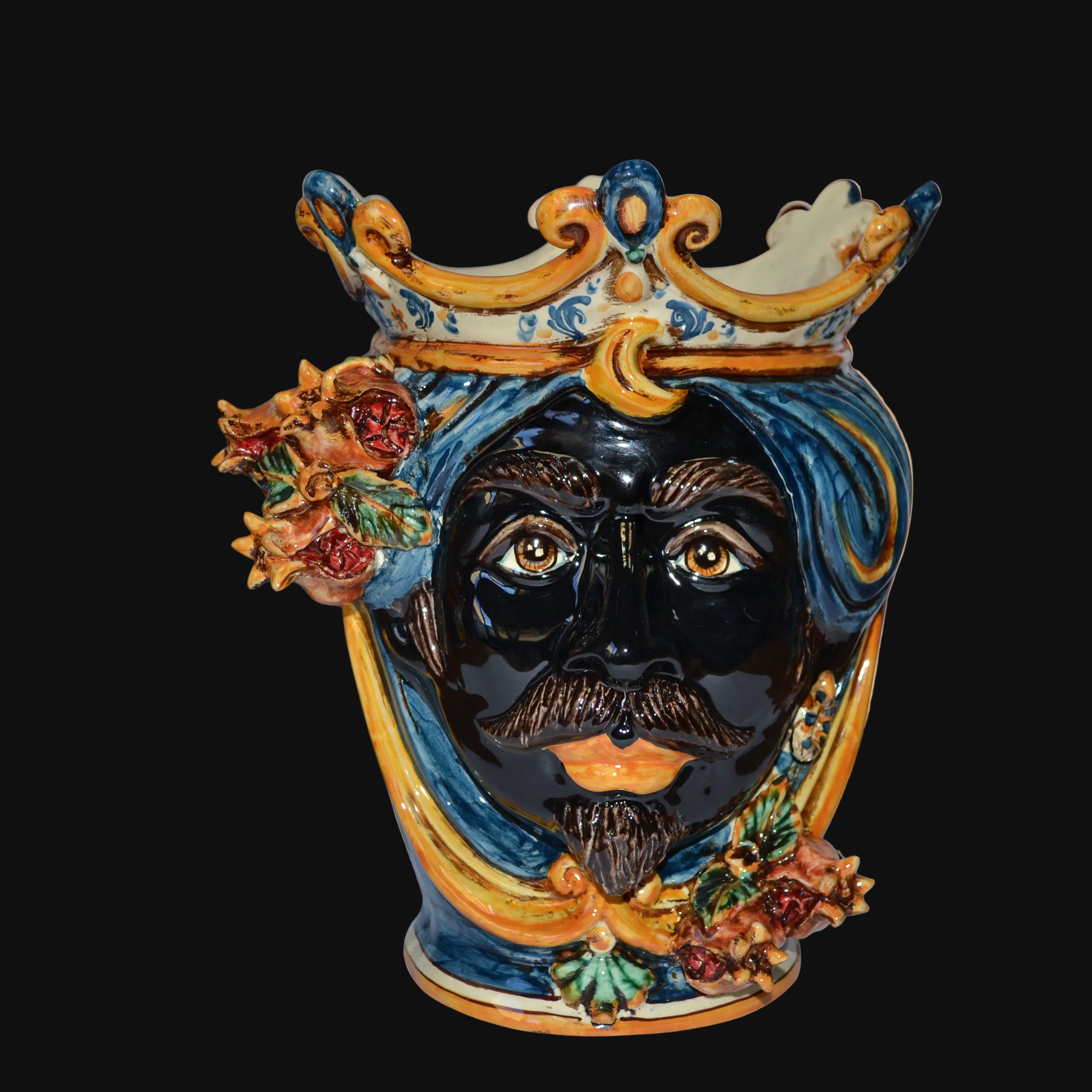 Testa h 25 melograni blu e arancio maschio moro - Ceramiche di Caltagirone Sofia