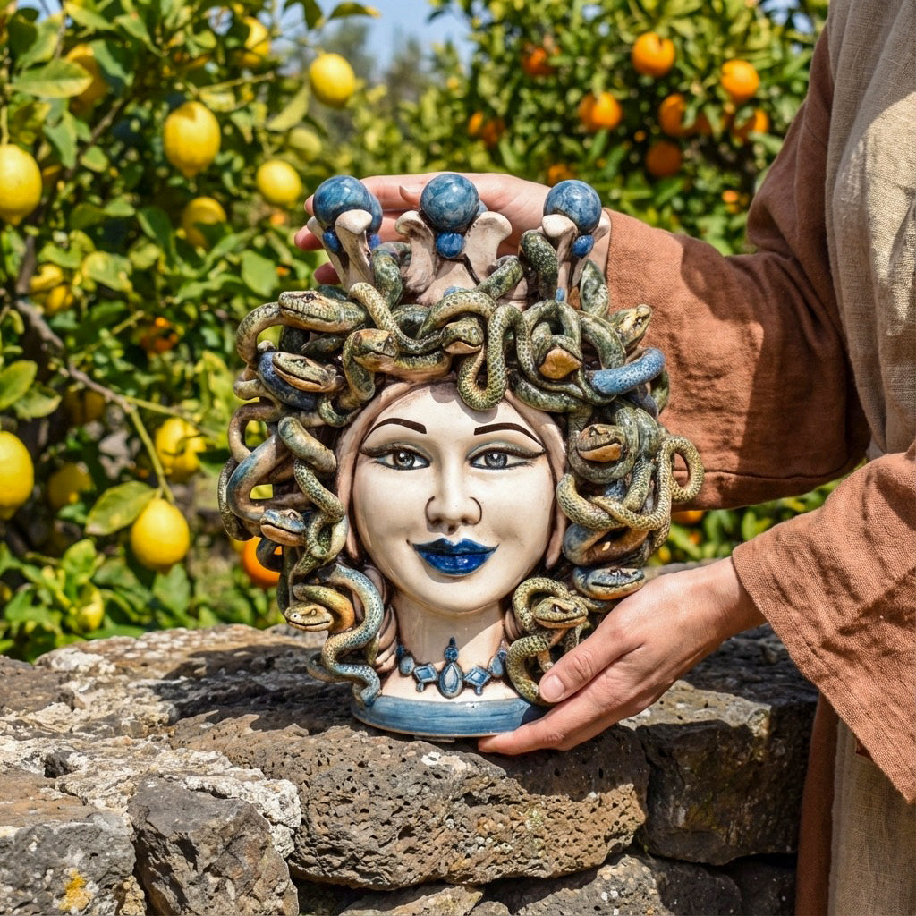 Testa h 25 turbante medusa madreperla colorato perline blu - Ceramiche di Caltagirone Sofia