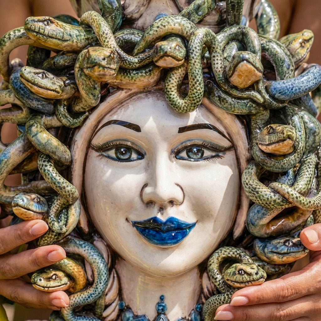 Testa h 25 turbante medusa madreperla colorato perline blu - Ceramiche di Caltagirone Sofia