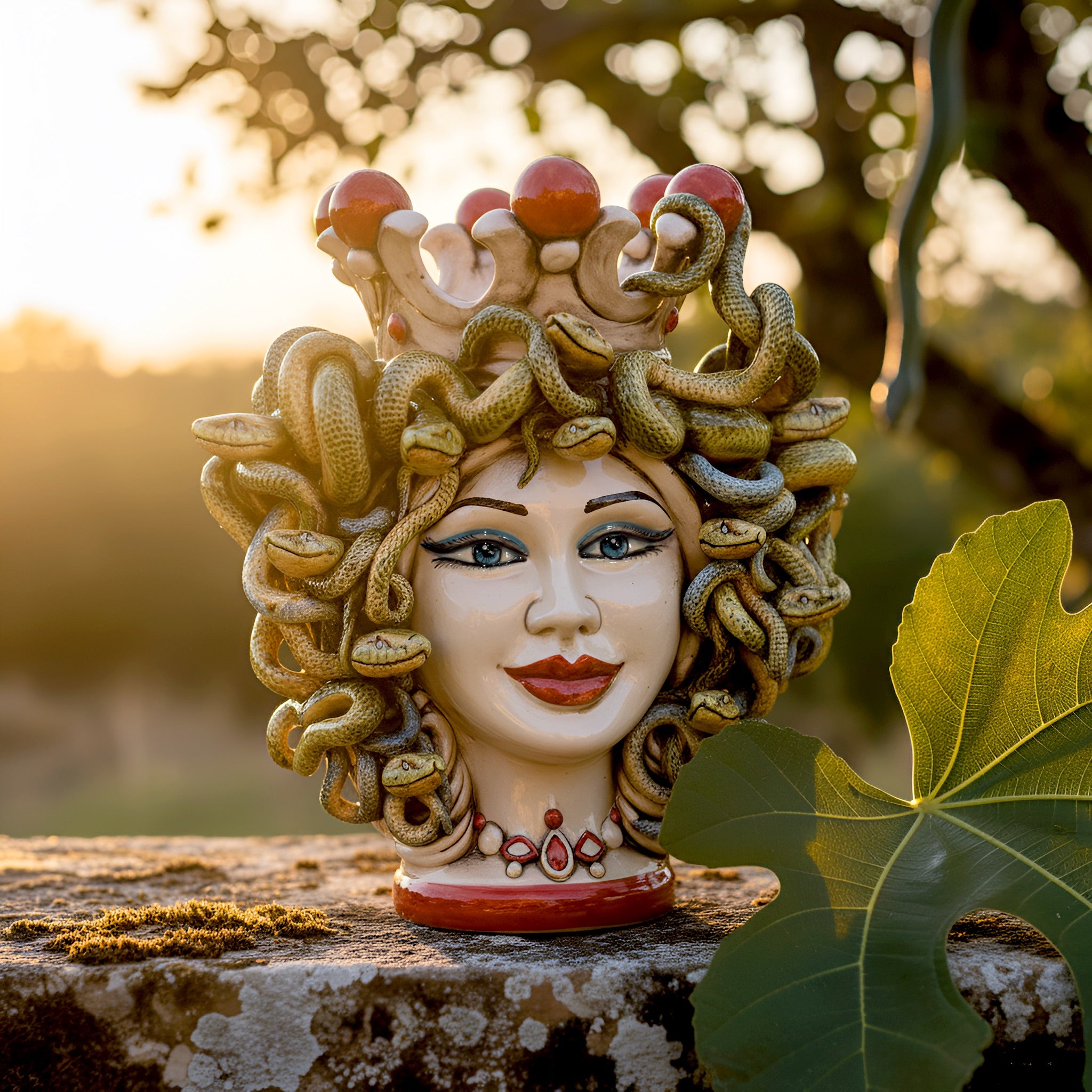 Testa h 25 turbante medusa madreperla colorato perline rosse - Ceramiche di Caltagirone Sofia