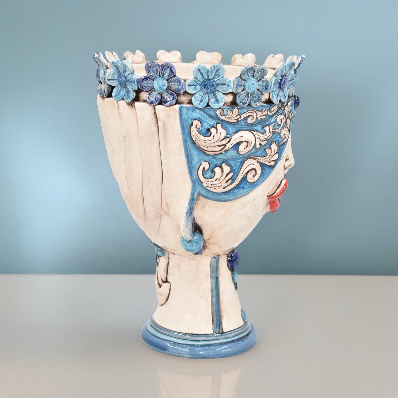 Testa h 30 zahira c/fiori ornato blu madreperla antichizzato femmina - Ceramiche di Caltagirone Sofia