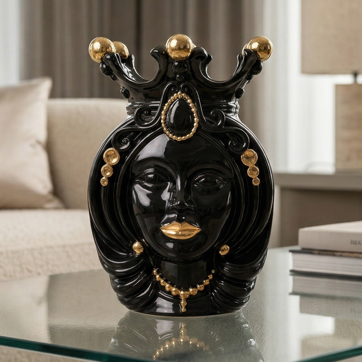 Cabeza de Moro H 38 cm, Mujer, Negro y Oro – Testa di Moro de Caltagirone, Sicilia