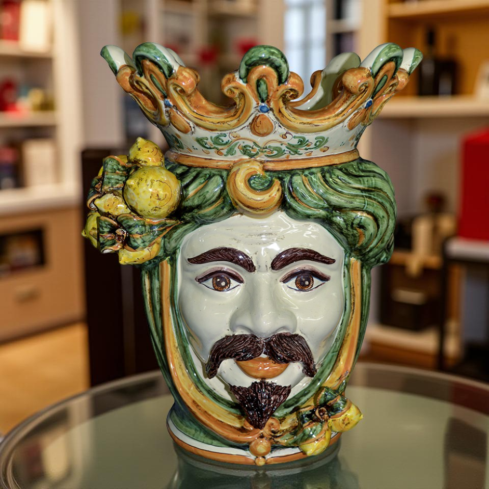 Testa h 40 limoni verde/arancio maschio bianco - Ceramiche di Caltagirone Sofia