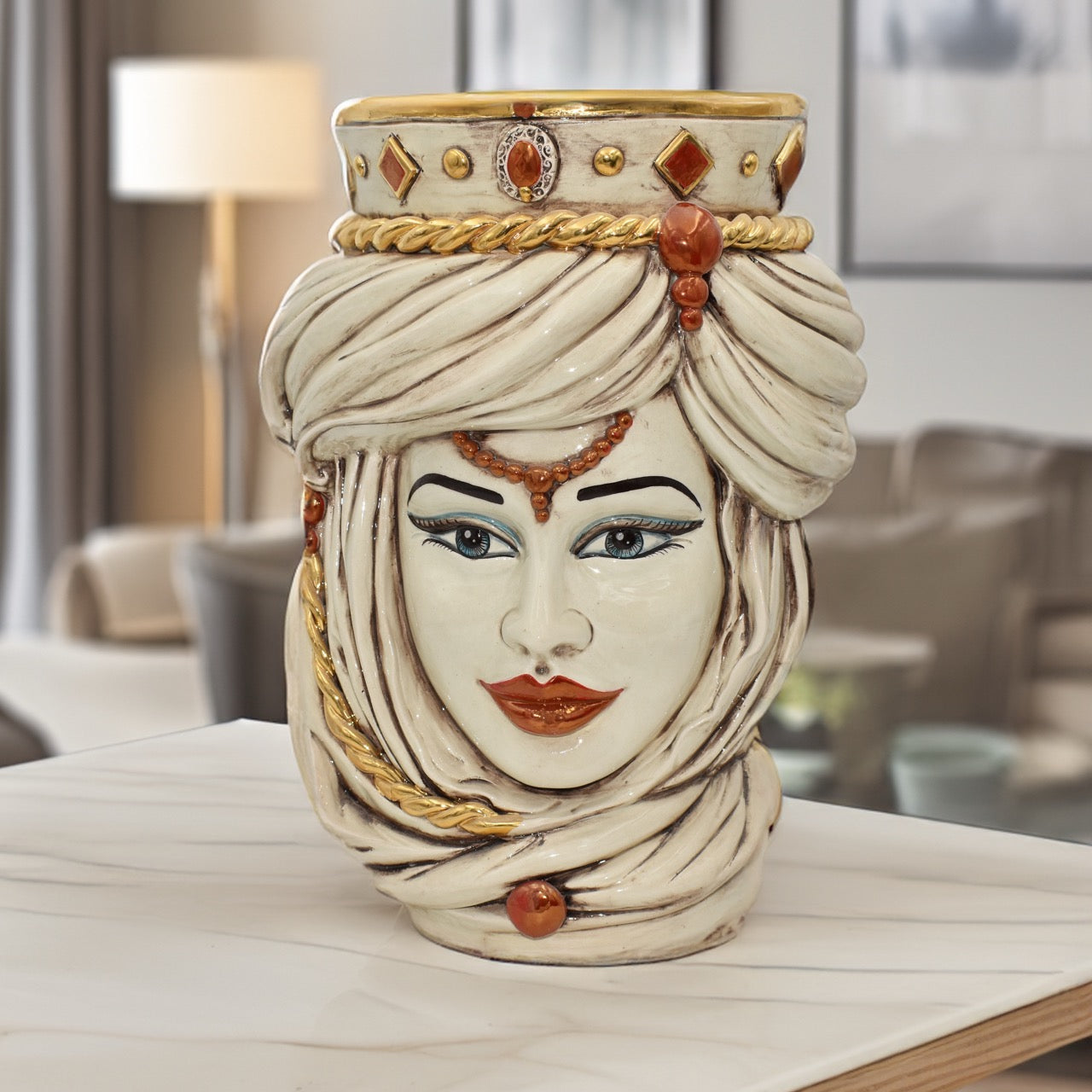 Testa h 40 madreperla antichizzato oro e lustri femmina - Ceramiche di Caltagirone Sofia