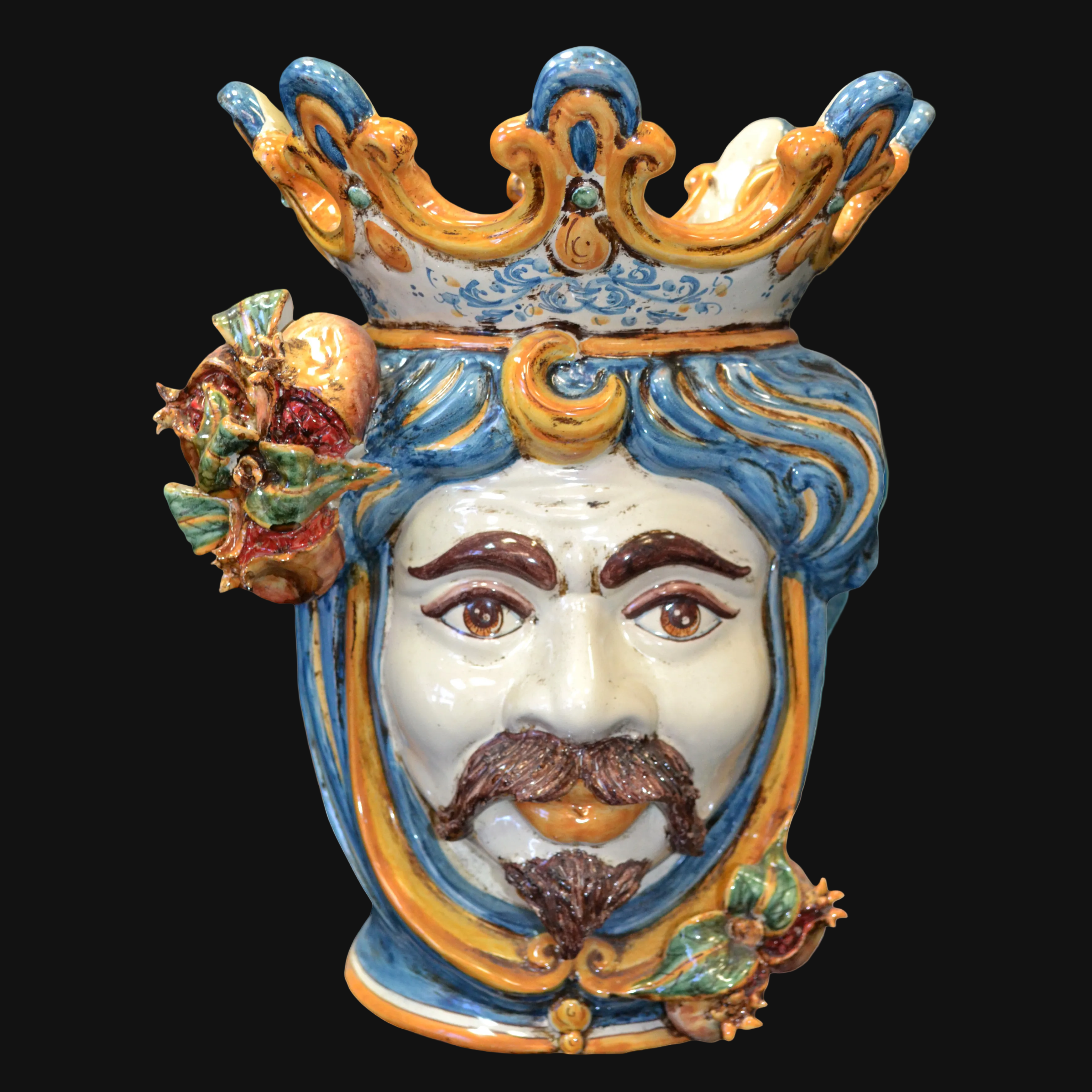 Testa h 40 melograni blu e arancio maschio bianco - Ceramiche di Caltagirone Sofia