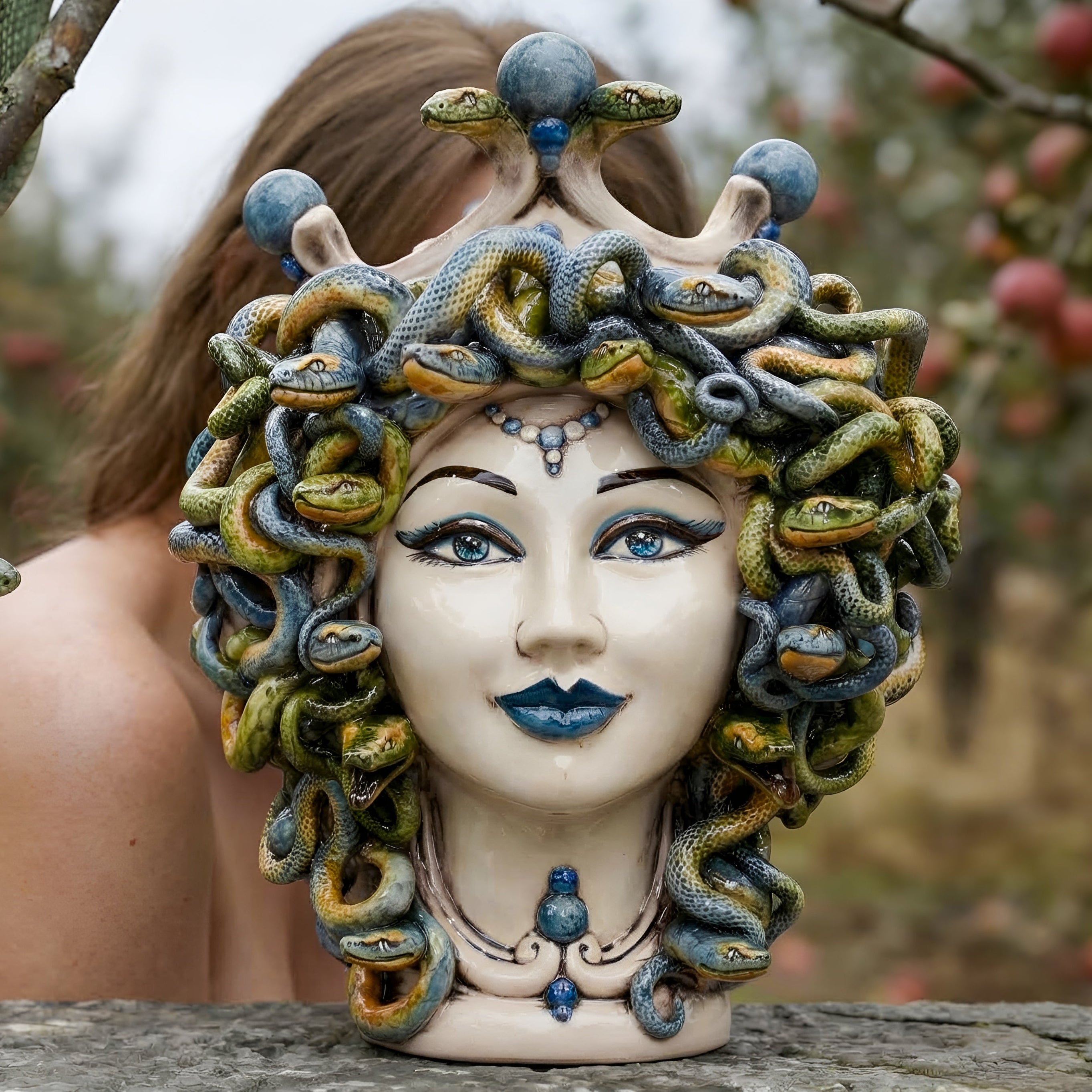 Testa Medusa h 30 cm — Madreperla Antichizzato, Perline Blu | Ceramica Caltagirone
