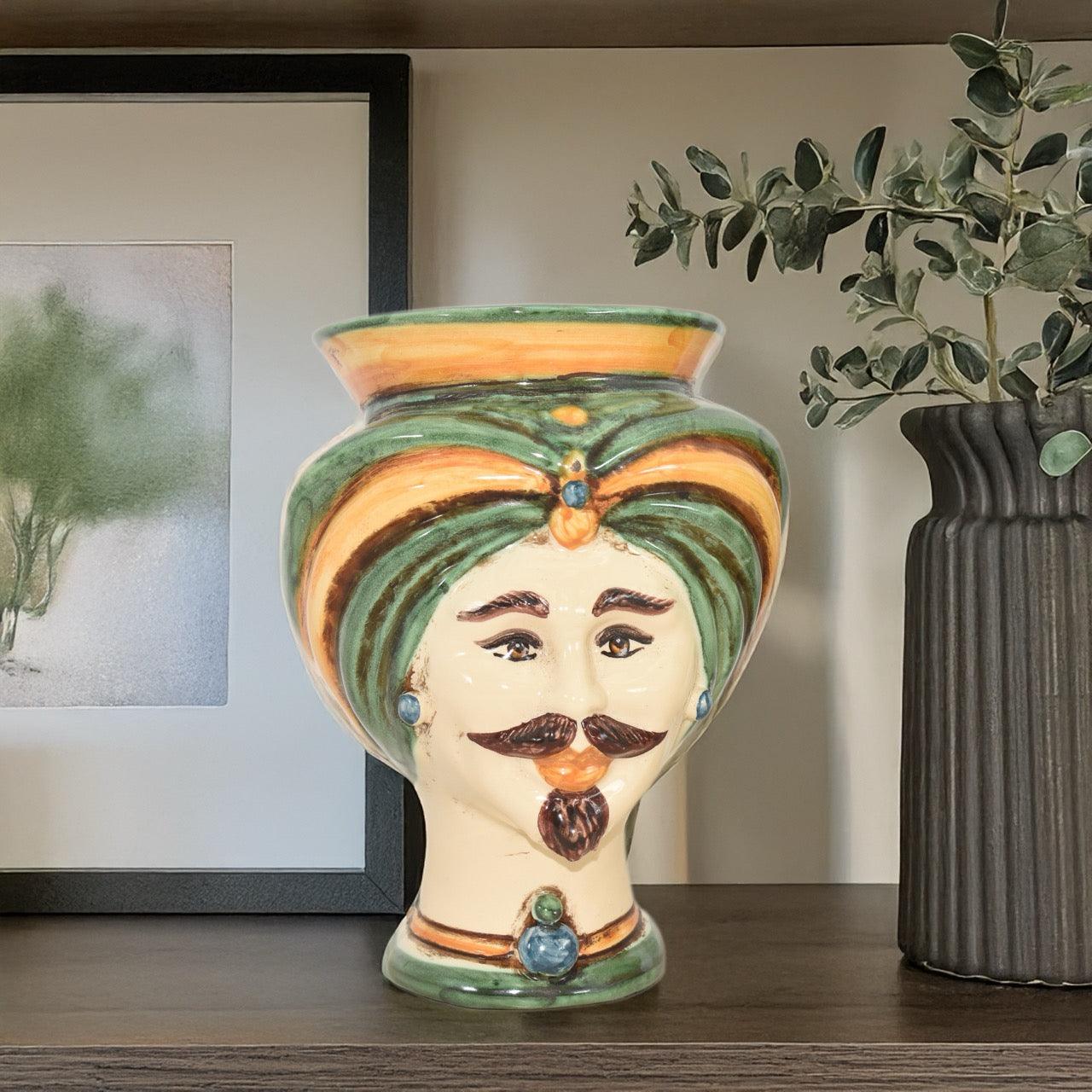Teste di Moro h 16 tuareg decoro Verde e Arancio - Ceramiche di Caltagirone Sofia