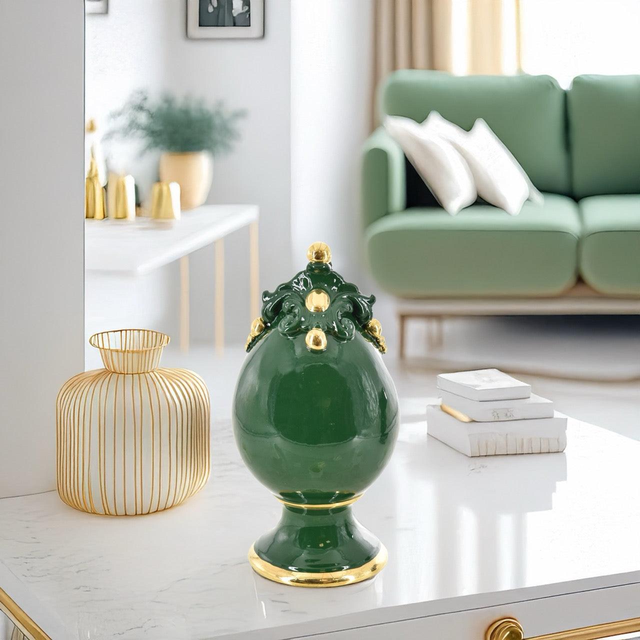 Uovo c/piede h 18 plastico sofia verde antico e oro - Ceramiche di Caltagirone Sofia