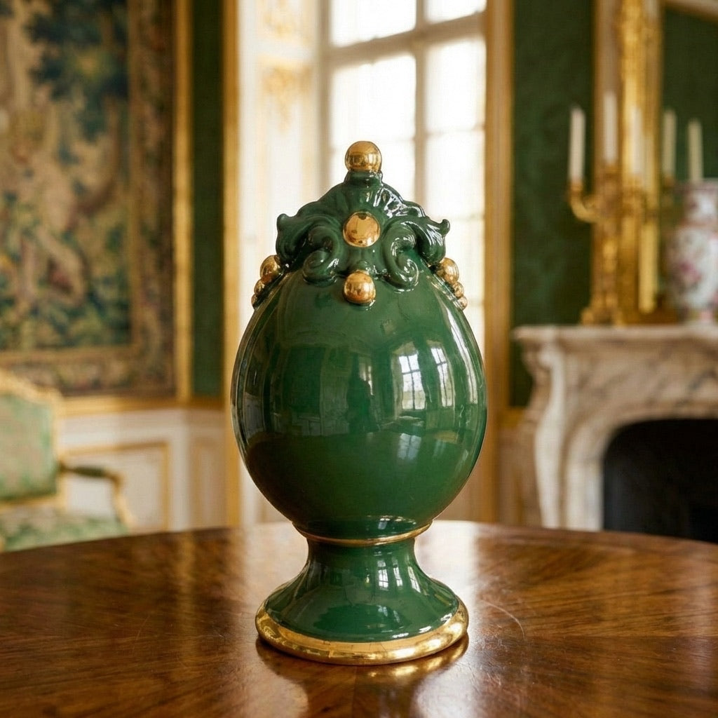 Uovo c/piede h 18 plastico sofia verde antico e oro