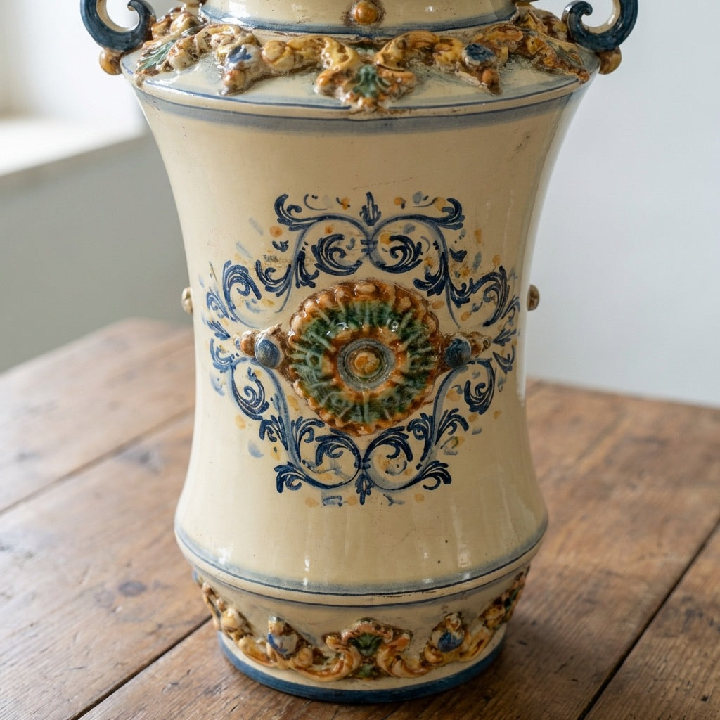 Vaso Albarello Ceramico con Manici in Blu e Arancio - Artigianato Siciliano di Caltagirone - Ceramiche di Caltagirone Sofia