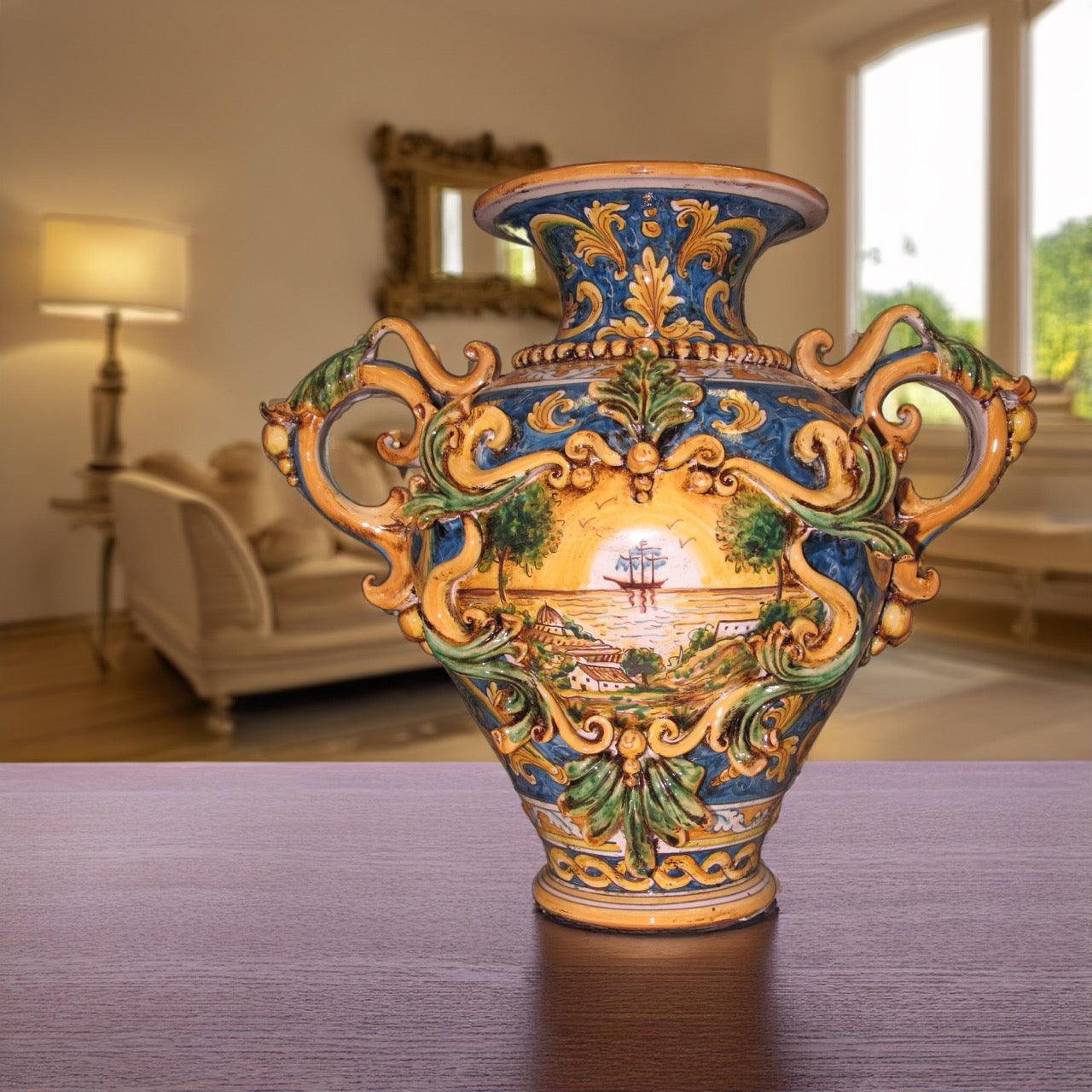 Vaso anfora h 40 c/greca rilievo ornato calatino c/veliero - Ceramiche di Caltagirone Sofia