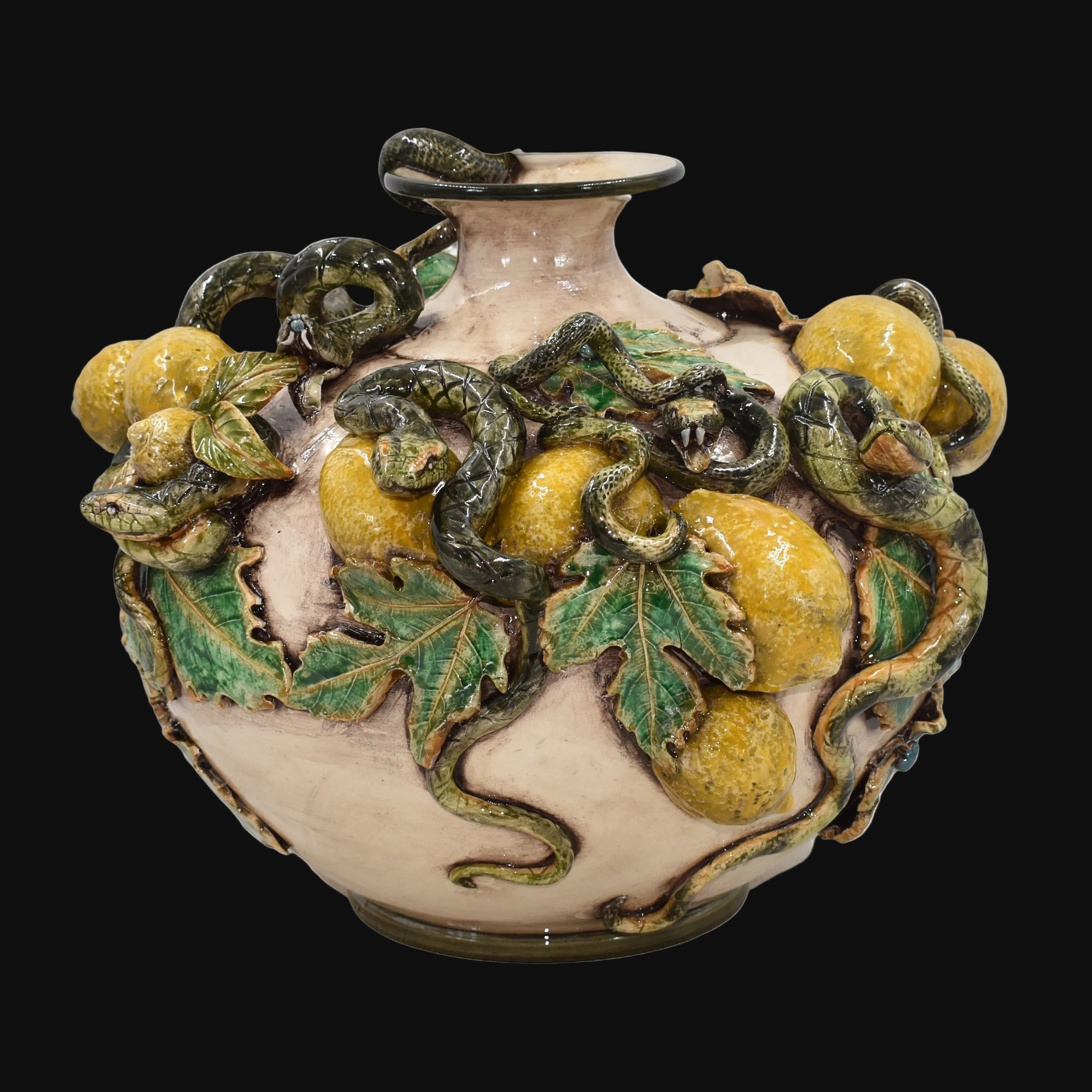 Vaso Boccia Eden con Limoni Applicati in Ceramica di Caltagirone - Linea Giardini dell'Eden, Madreperla