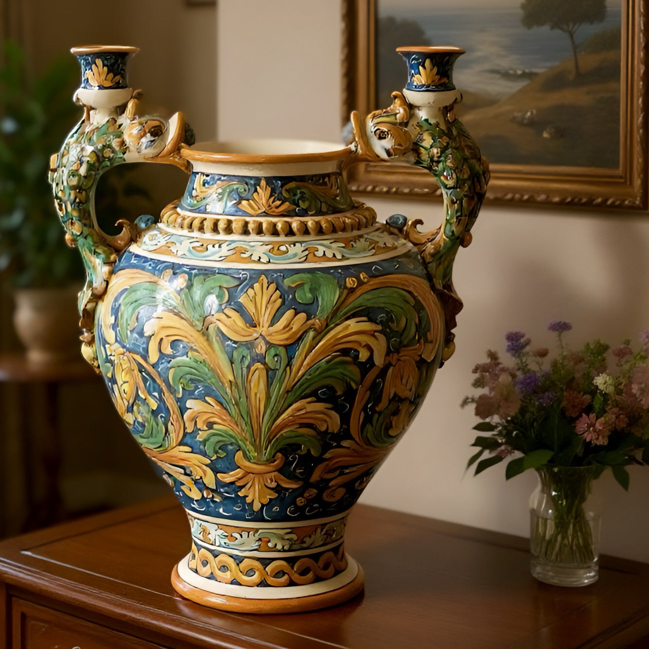 Vaso boccia h 40 c/manici pesci portacandele ornato calatino - Ceramiche di Caltagirone Sofia