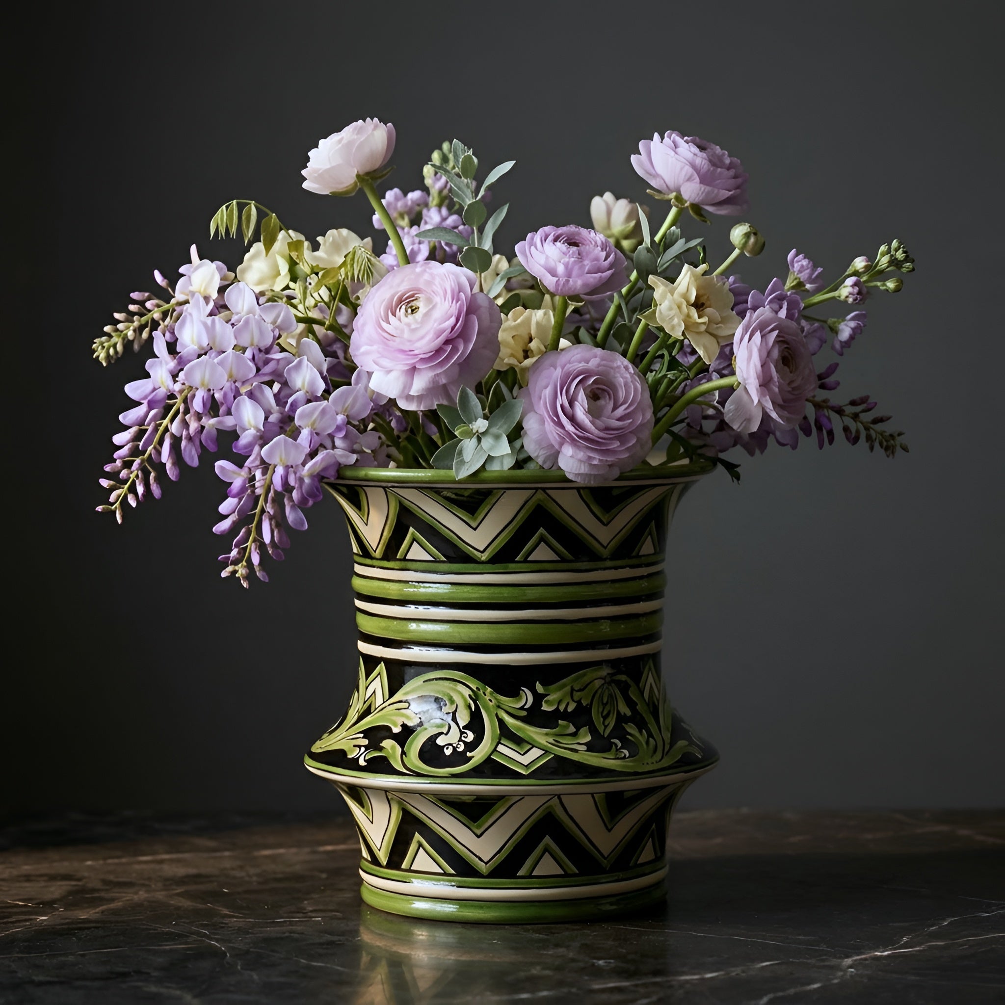 Vaso cilindro a fasce in Ceramica di Caltagirone h 25 cm Ø 23 - Linea Parigi Nero e Verde