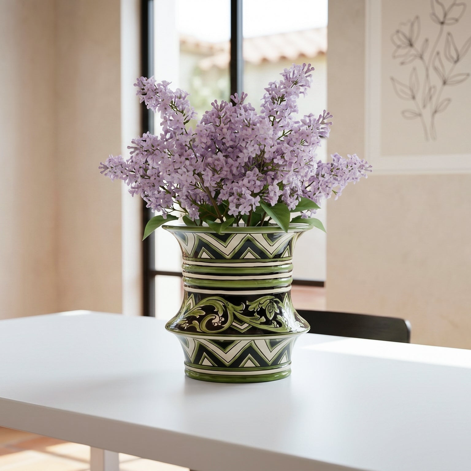 Vaso cilindro a fasce in Ceramica di Caltagirone h 25 cm Ø 23 - Linea Parigi Nero e Verde