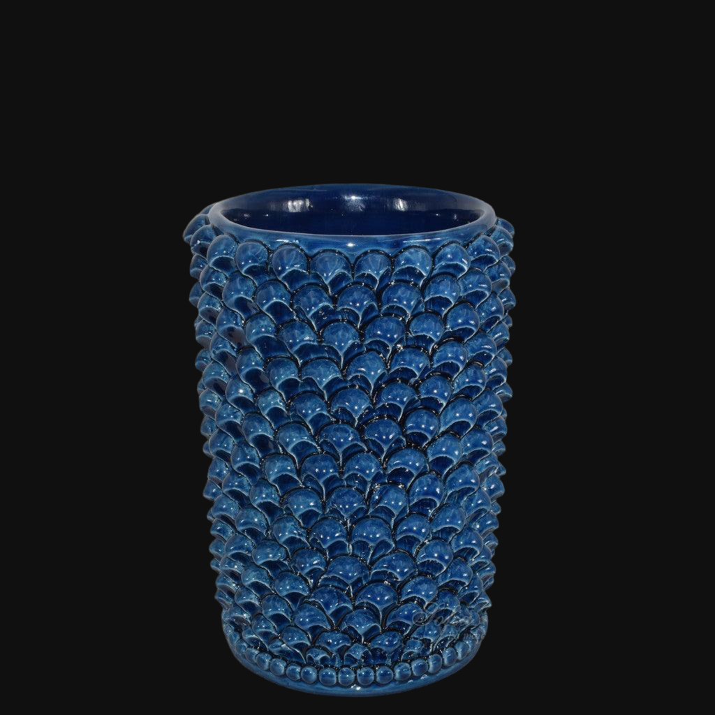 Vaso cilindro pigna di Caltagirone modellata a mano altezza 25 cm in blu intenso - Ceramiche di Caltagirone Sofia