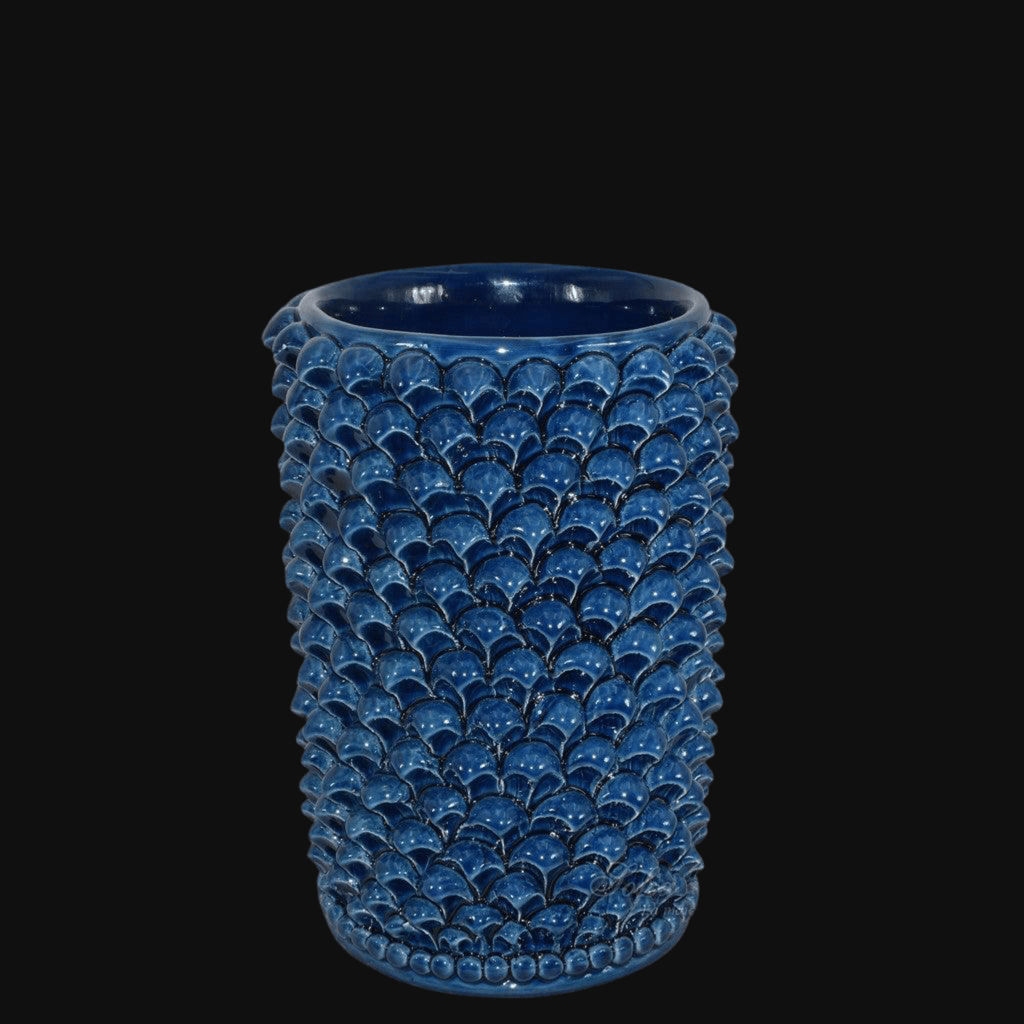 Vaso cilindro blu intenso con decorazione a pigna, ceramiche Caltagirone fatti a mano