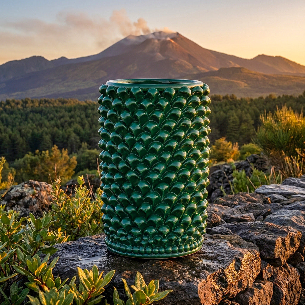 Vaso cilindro pigna verde antico ceramiche Caltagirone fatti a mano all'aperto