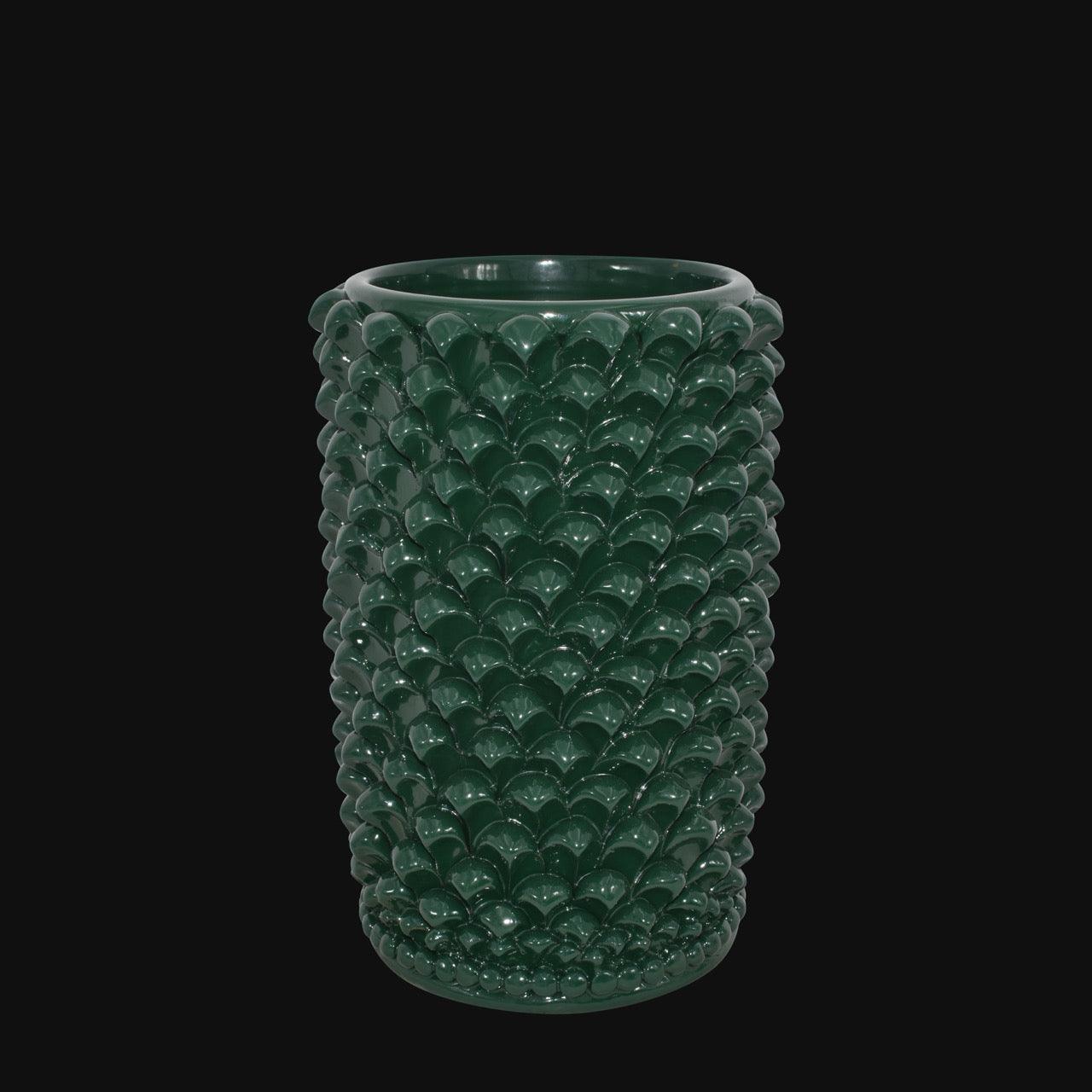Vaso cilindro verde antico con decorazione a pigna, ceramiche di Caltagirone fatti a mano
