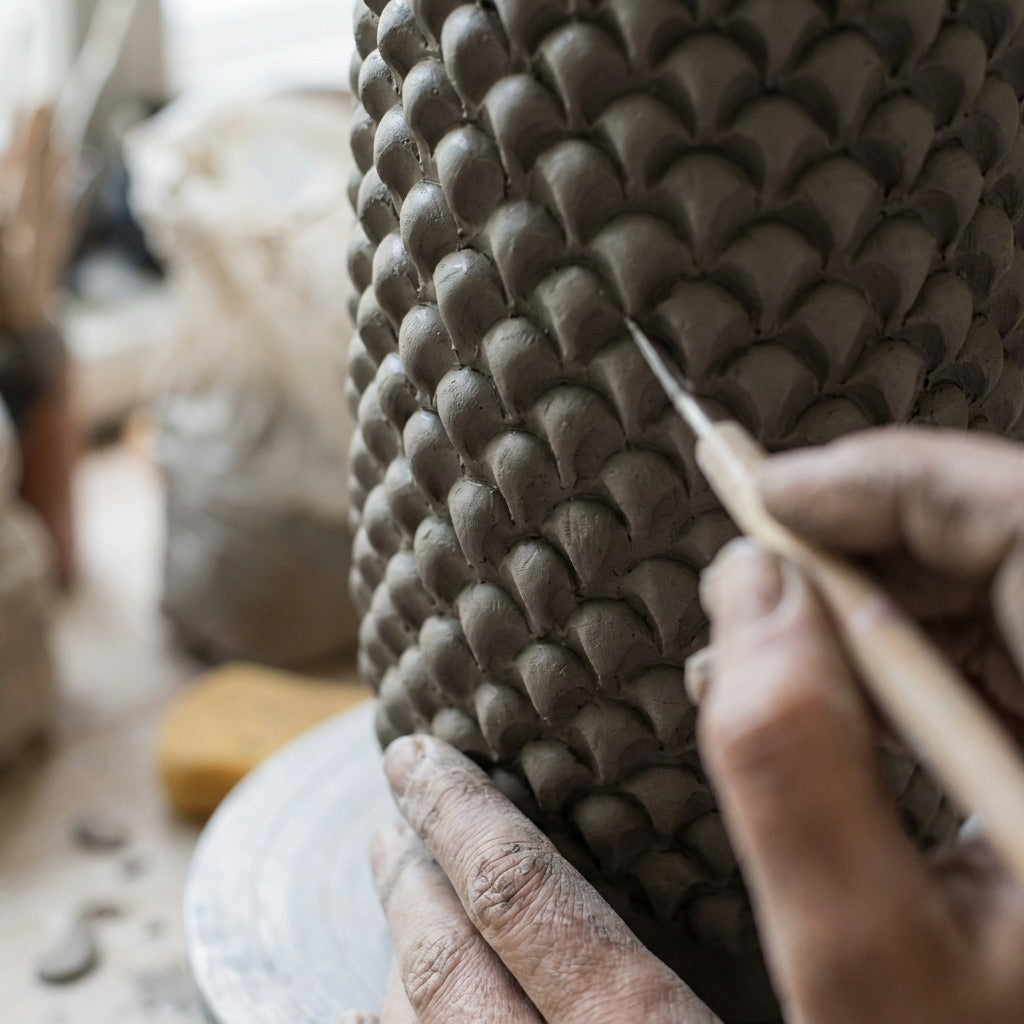 Vaso cilindro pigna modellata a mano in verde e oro - Ceramiche di Caltagirone Sofia