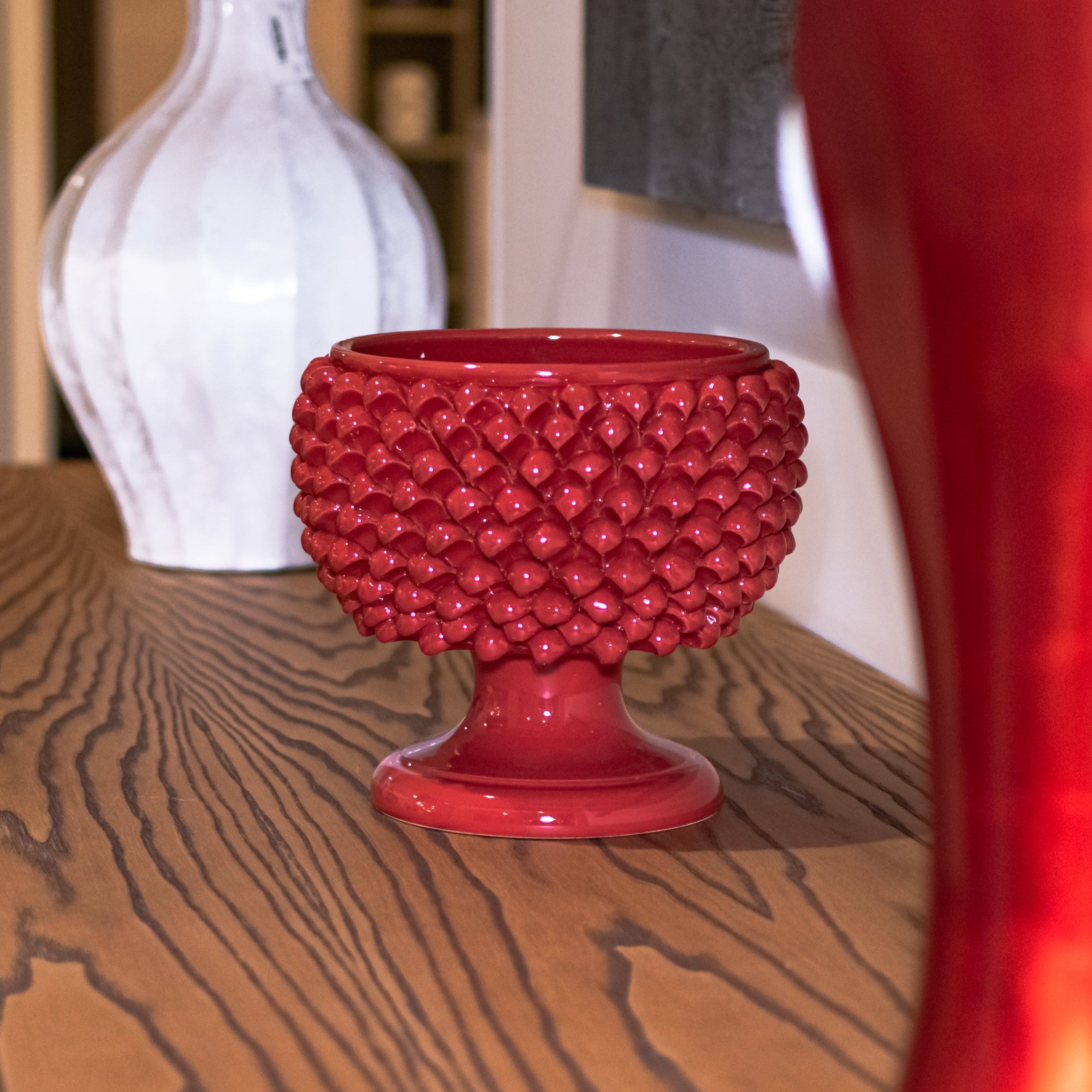 Vaso mezza pigna rosso fuoco in ceramica di Caltagirone - Ceramiche di Caltagirone Sofia