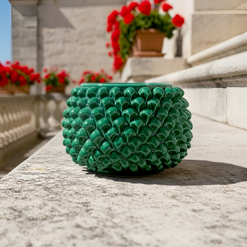 Vaso mezza pigna s/piede verde smeraldo in ceramica di Caltagirone