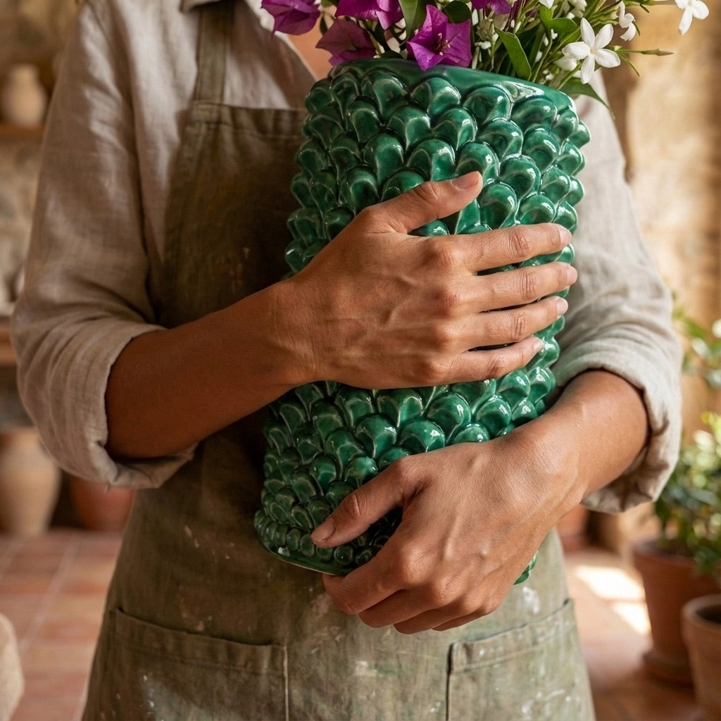Vaso Pigna cilindro modellata a mano in verde smeraldo - Ceramiche di Caltagirone Sofia