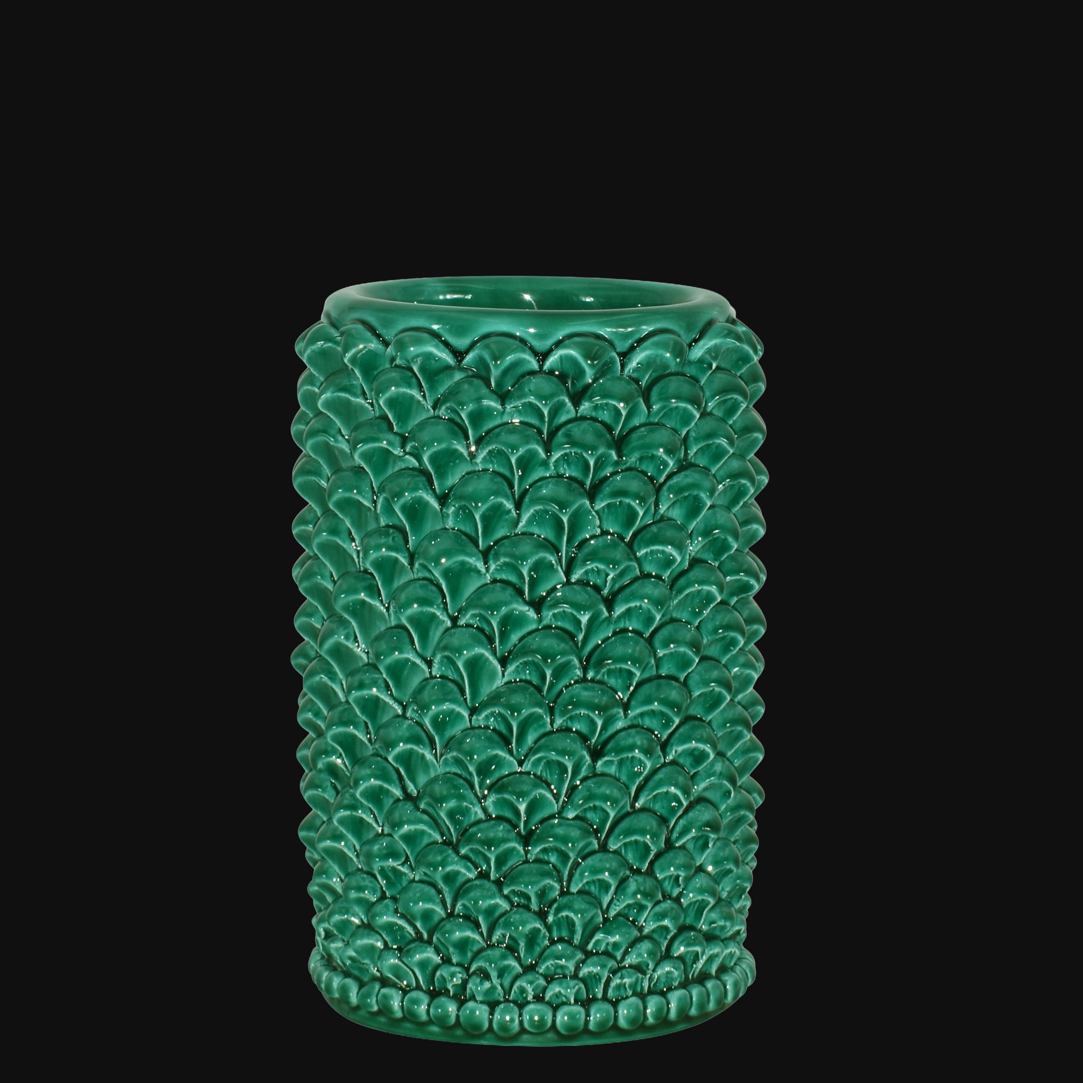 Vaso Pigna cilindro modellata a mano in verde smeraldo - Ceramiche di Caltagirone Sofia