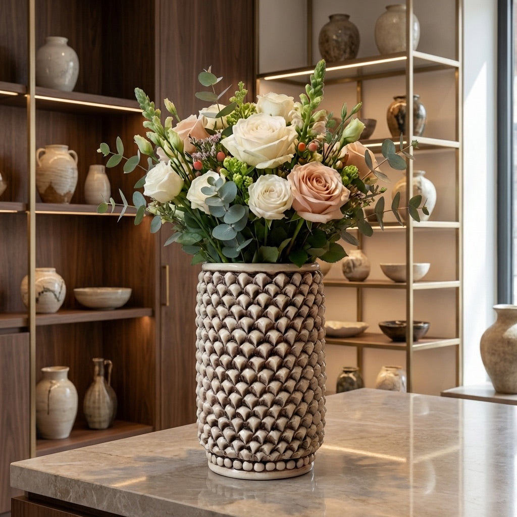 Vaso Pigna cilindro modellata a mano Madreperla Antichizzato - Ceramiche di Caltagirone Sofia